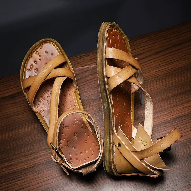 Handmade retro vegetable tanned cowhide woven hollow sandals