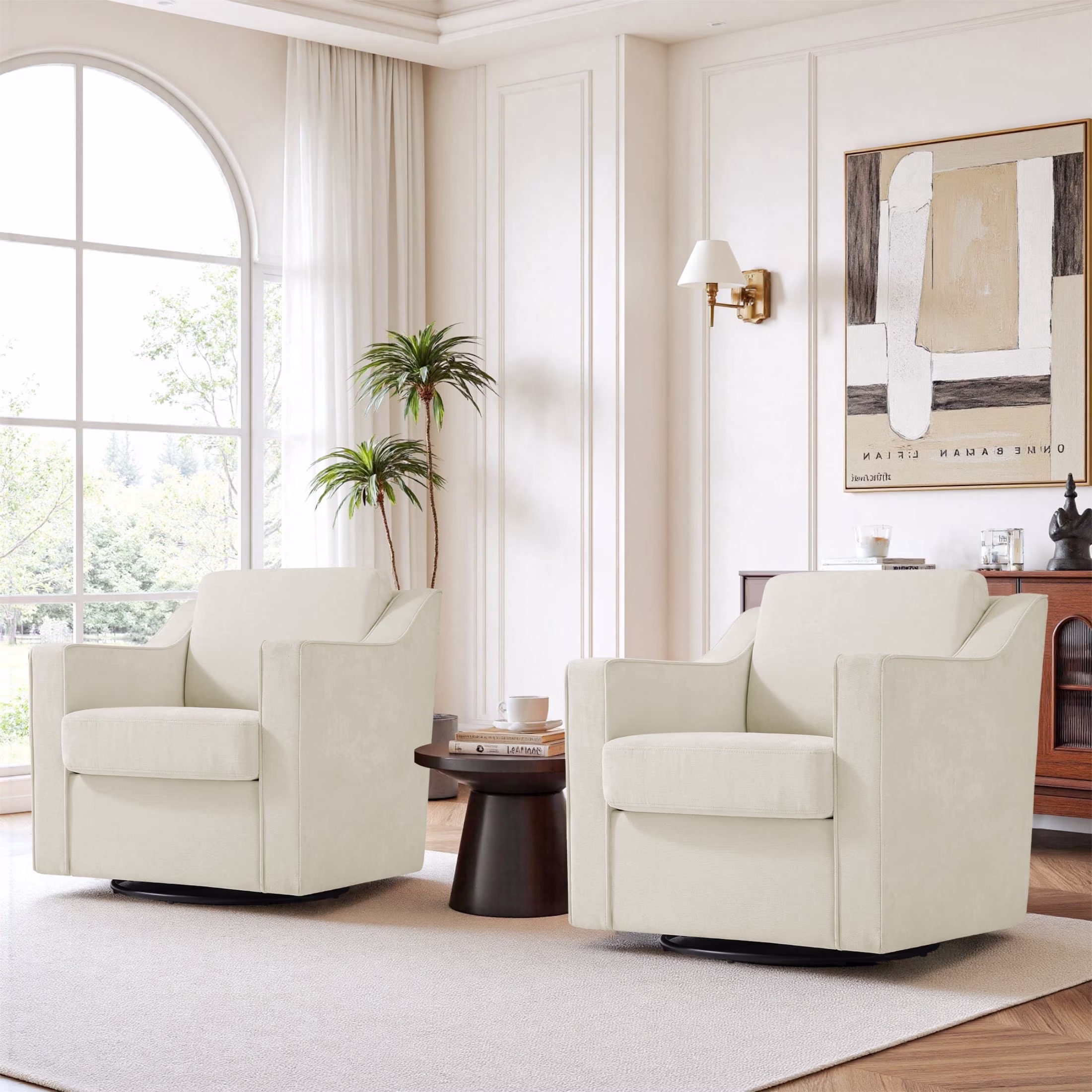 DREAMSIDEA Swivel Accent Chair, Swivel Barrel Chair, Upholstered Comfy 360 Degree Swivel Club Chair for Living Room/Bedroom/Waiting Room/Office(Linen Pin Stripe Light Blue, Set of 2)