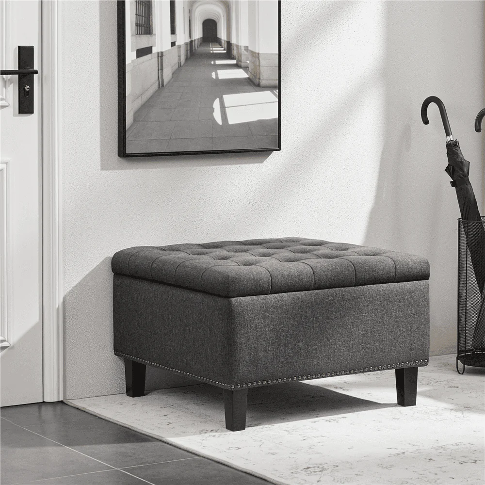 SmileMart Modern linen-like Storage Ottoman Bench with Button-Tufted for Entryway, Dark Gray