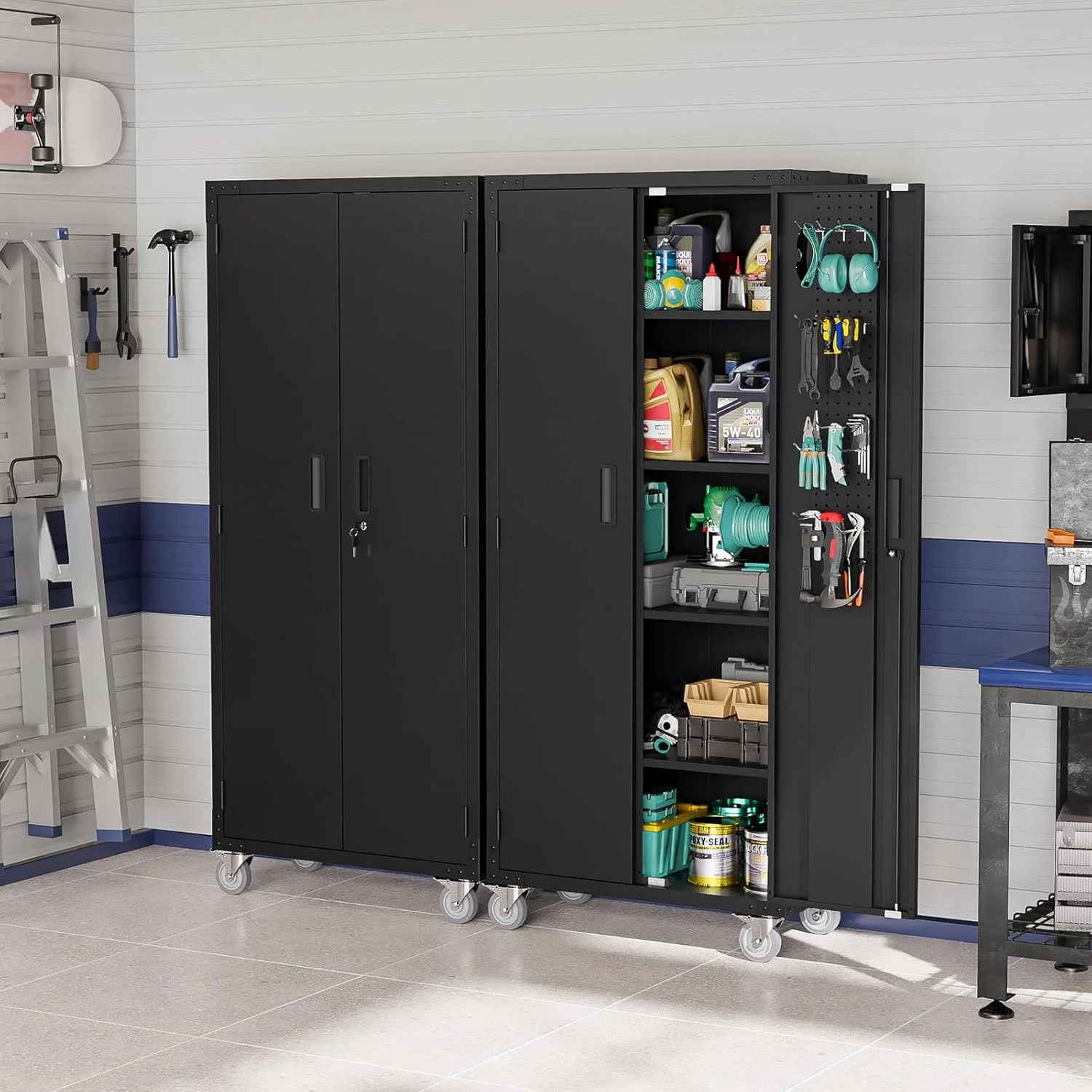 Ktaxon 72''H Garage Storage Cabinet with Pegboards, Metal Storage Cabinet with Wheels, Locking Doors and Adjustable Shelves, Black