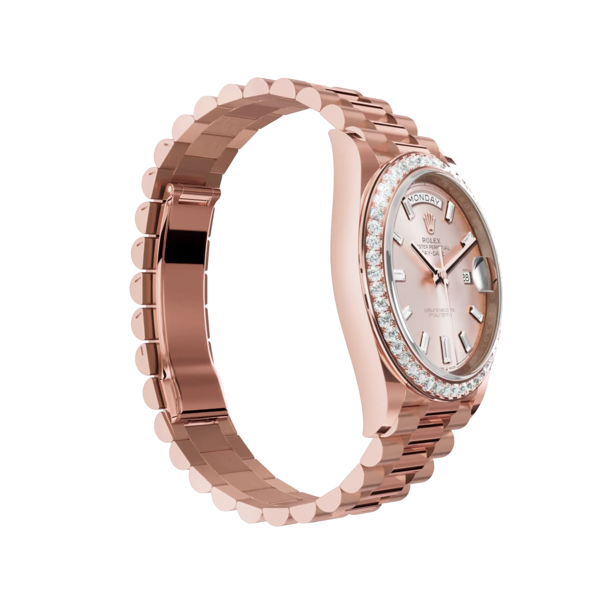 Rolex Day-Date: 40 Everose gold, with a sundust, diamond-set dial, diamond-set bezel and a President bracelet, m228345rbr-0007