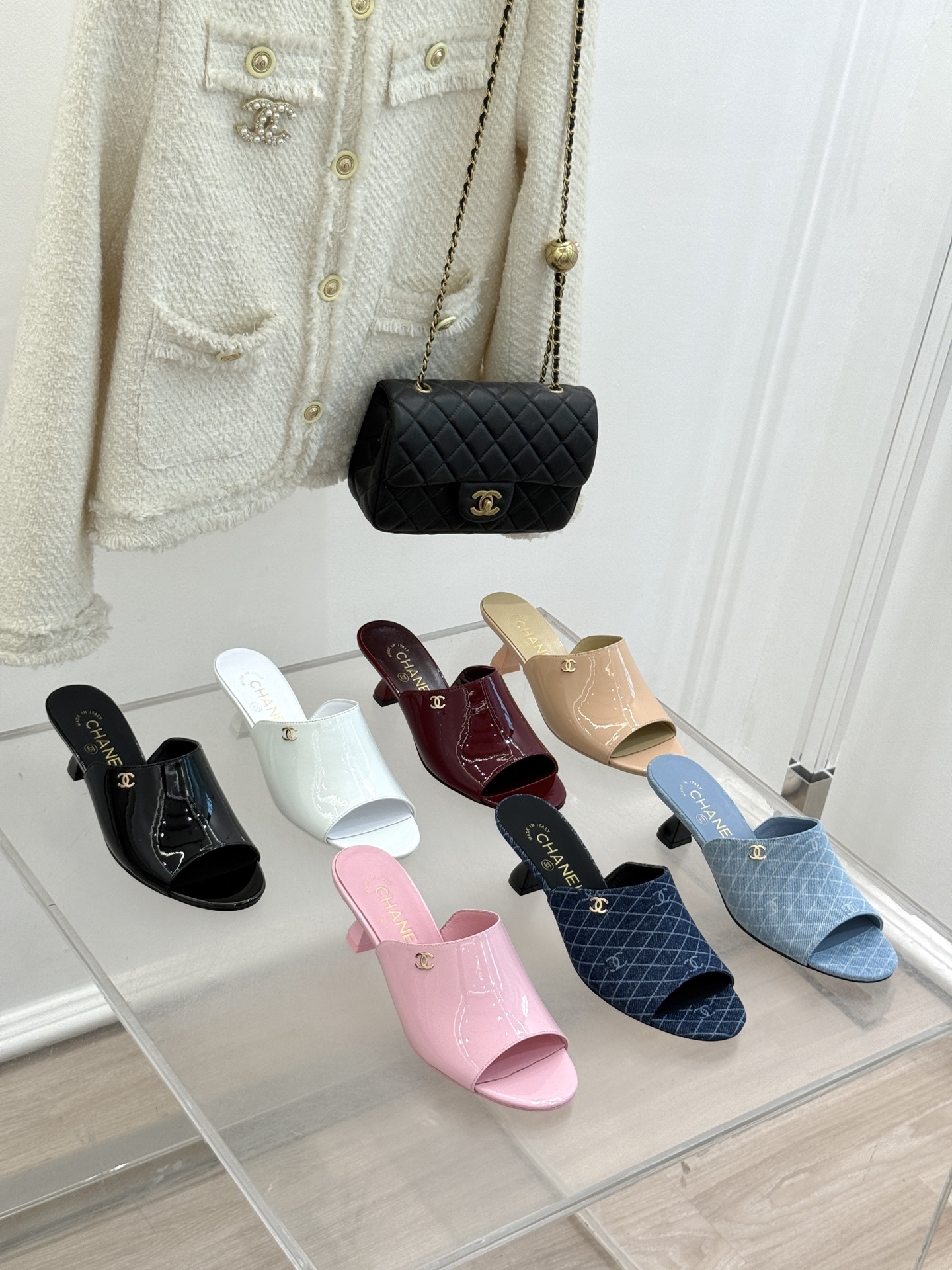 Chanel 26P CC Logo Patent Leather & Denim Quilted Open Toe Sculpted Block Heel Mule Sandals