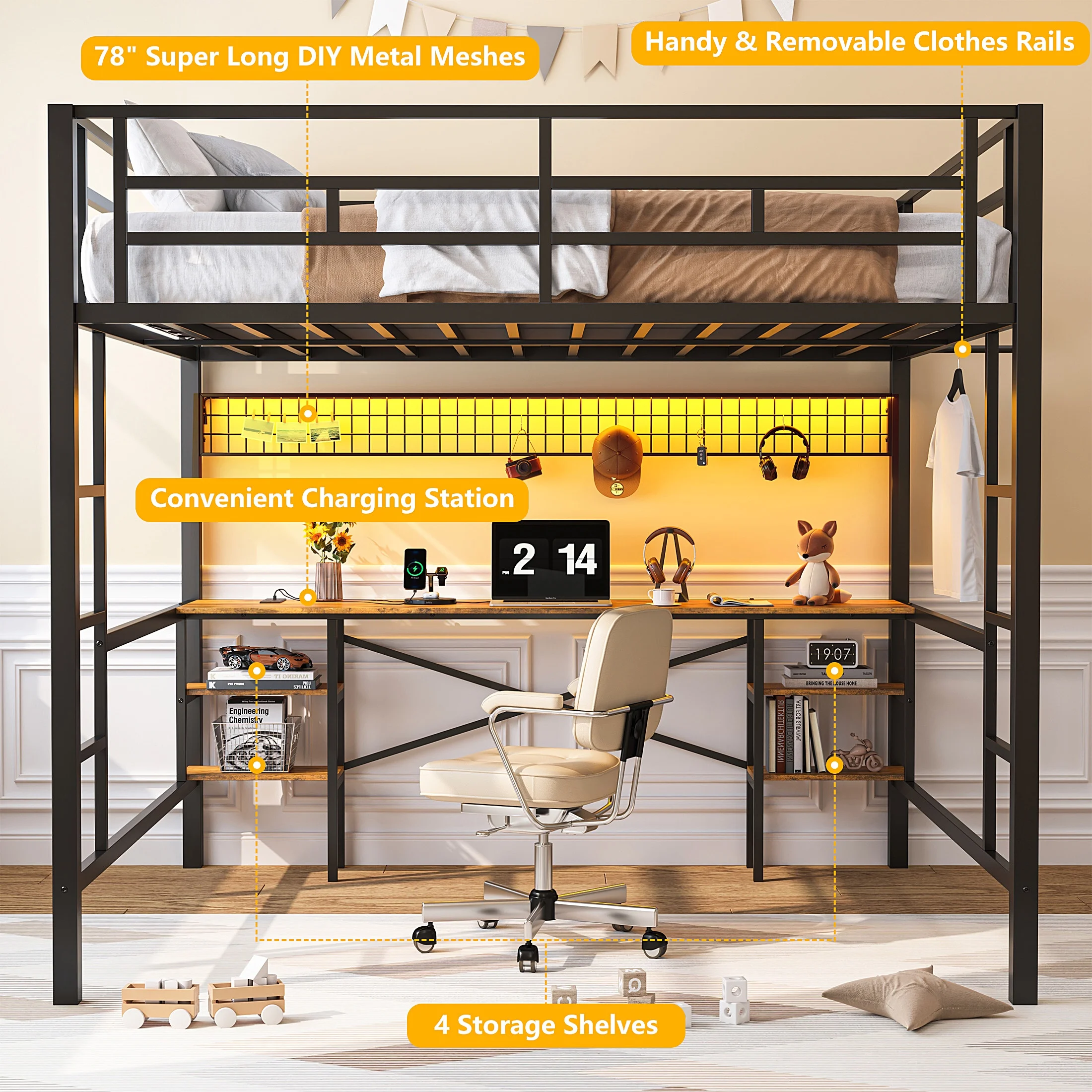 Twin Loft Bed with Desk, UHOMEPRO Metal Loft Bed with LED Lights, Charge Station, DIY Mesh, Clothes Rail, 4 Storage Shelves, Safety Rails and 2 Ladders, Loft Bed for Teen Adult, Black