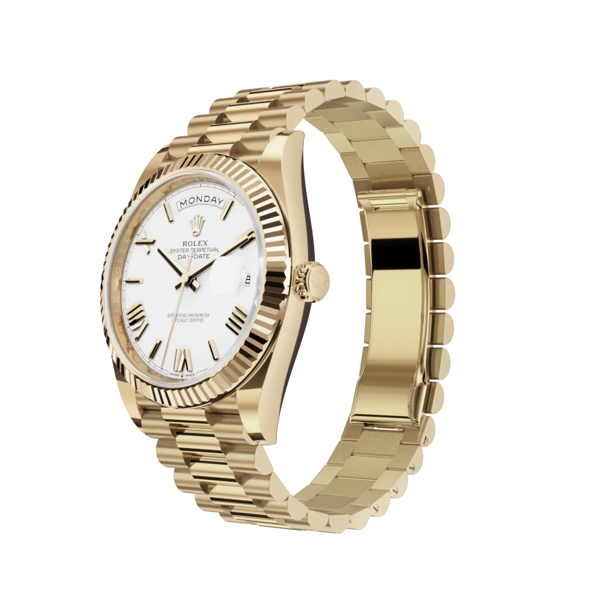 Rolex Day-Date: yellow gold with a white dial, fluted bezel and a President bracelet, m228238-0042