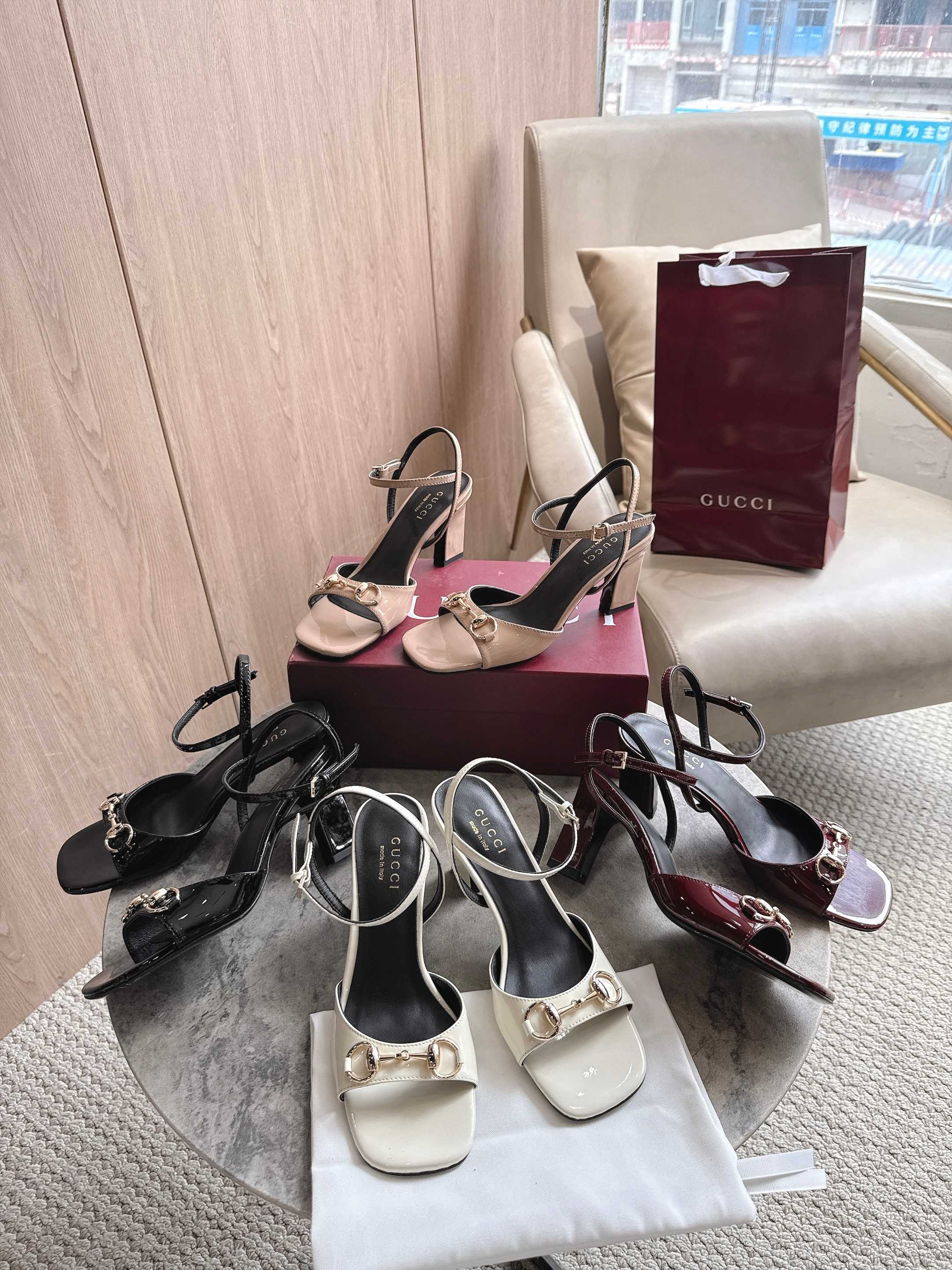 Gucci Gold Horsebit Patent Leather Ankle Strap Heel Sandals