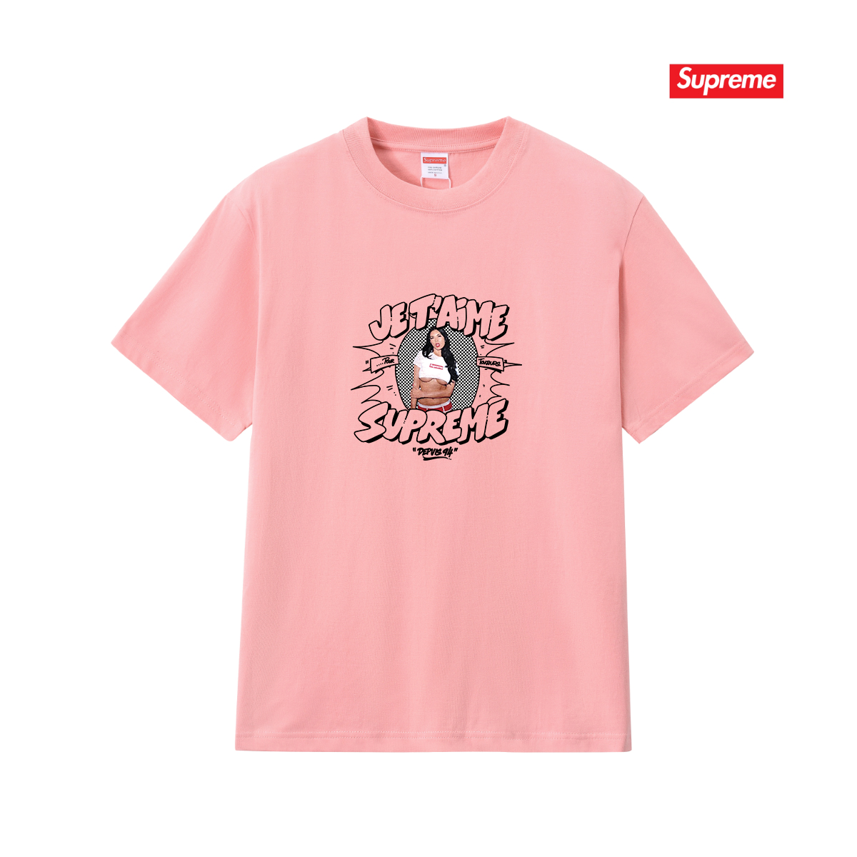 Pink hot girl white outlined letter logo printed short-sleeved T-shirt