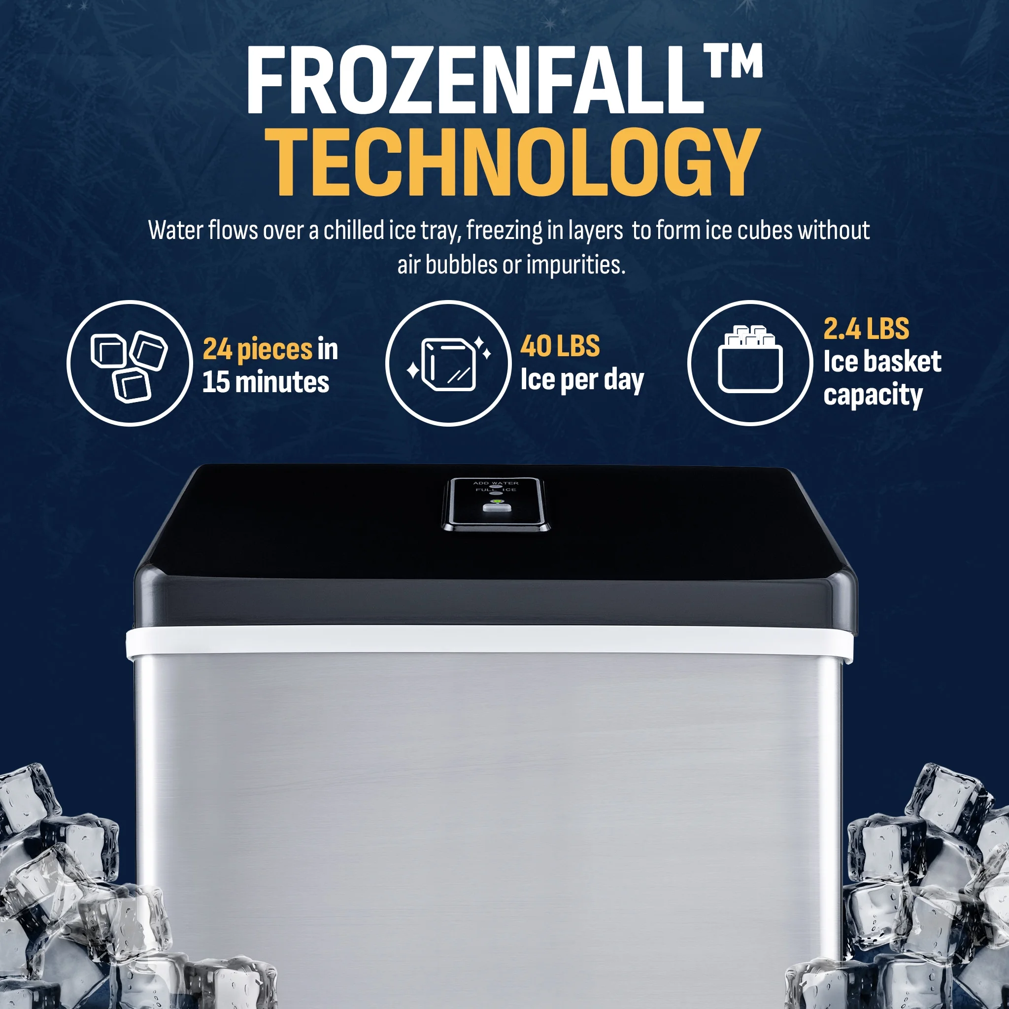 Newair Portable Countertop 40lb Clear Ice Maker Machine, Stainless Steel