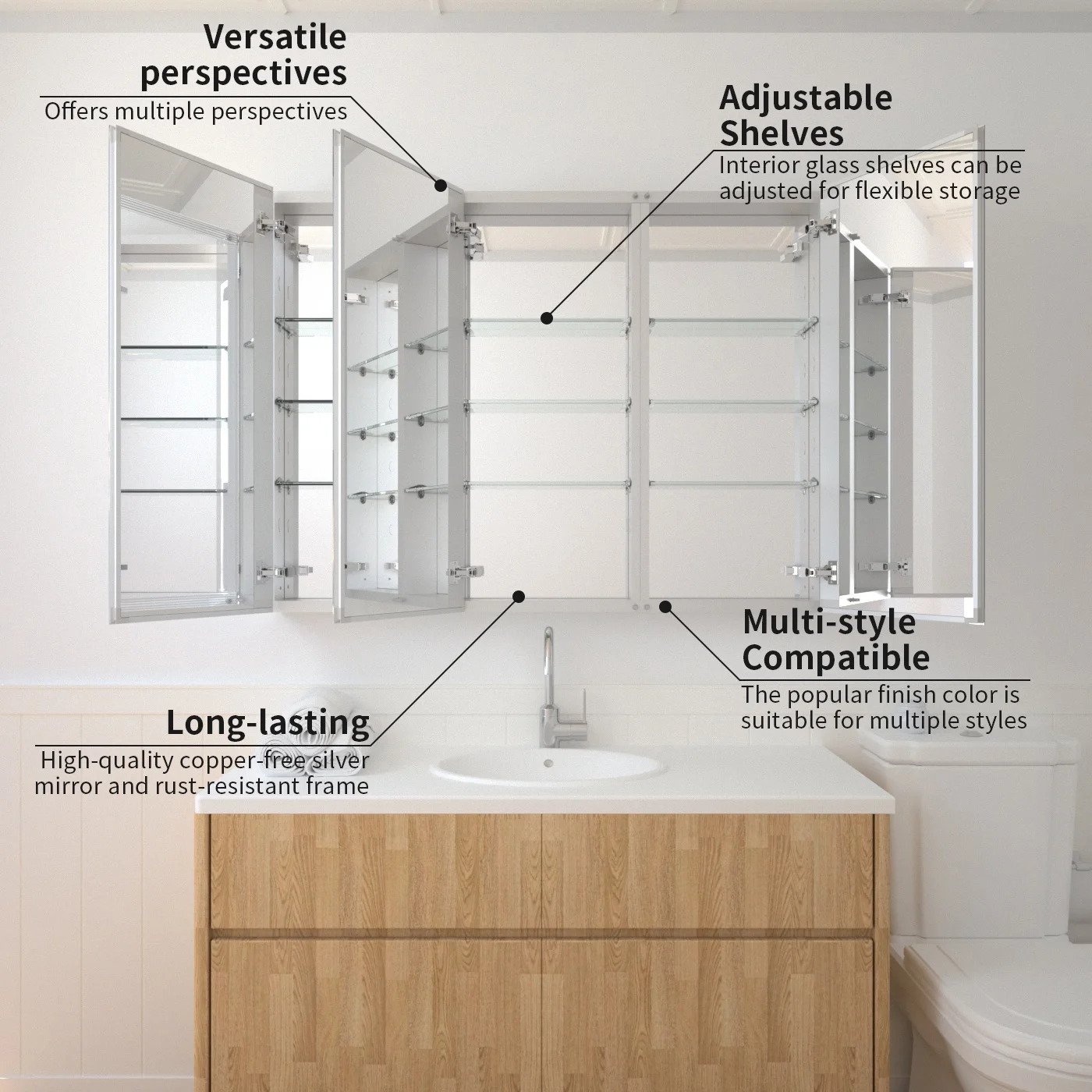 Taimei 48" W x 36" H x 4?D Aluminum Medicine Cabinet with Three(3) Frameless Beveled Mirror Doors, Interior Mirrors,Color Satin, Adjustable 3 Glass Shelves, Soft Closure. By: FOCA US