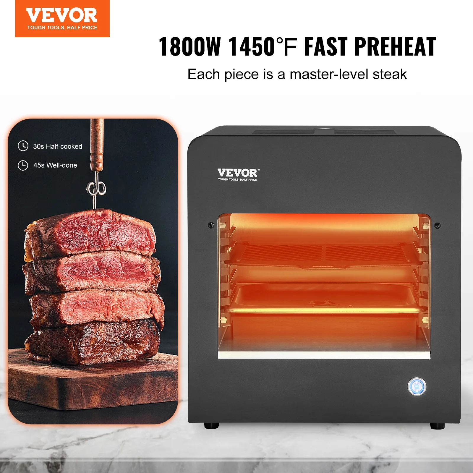 VEVOR Electric Steak Grill, 1800W Smokeless Infrared Electric Broiler, 1450F Stainless Steel Steak Cooker with 6-Tier Adjustable Rack, Electric Infrared Grill for BBQ, Toast, Grill, Indoor