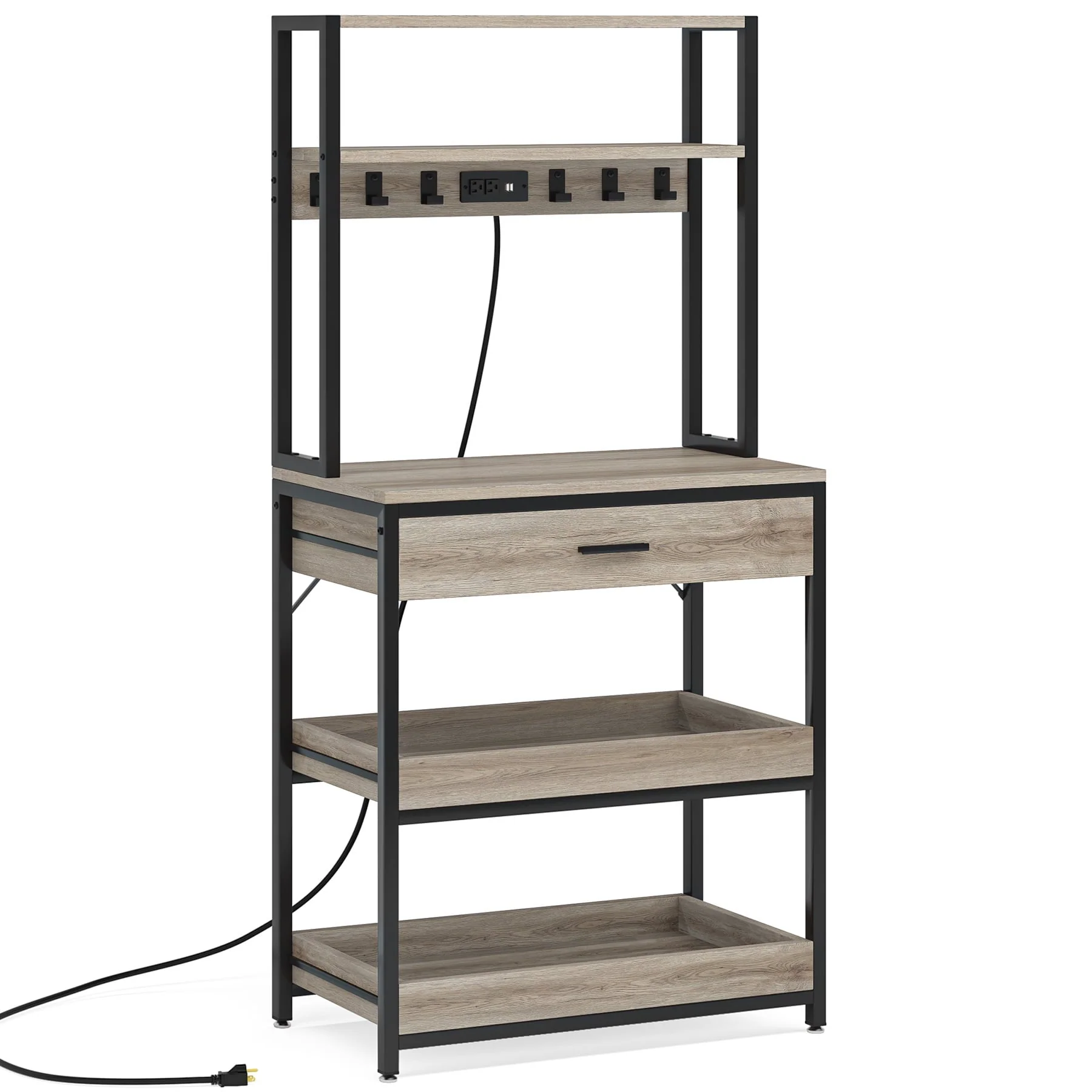 Tribesigns Kitchen Bakers Rack with Power Outlets, 5-Tier Microwave Oven Stand with Drawer and Sliding Shelves, Freestanding Kitchen Storage Shelf Organizer with 6 Hooks, Rustic Brown