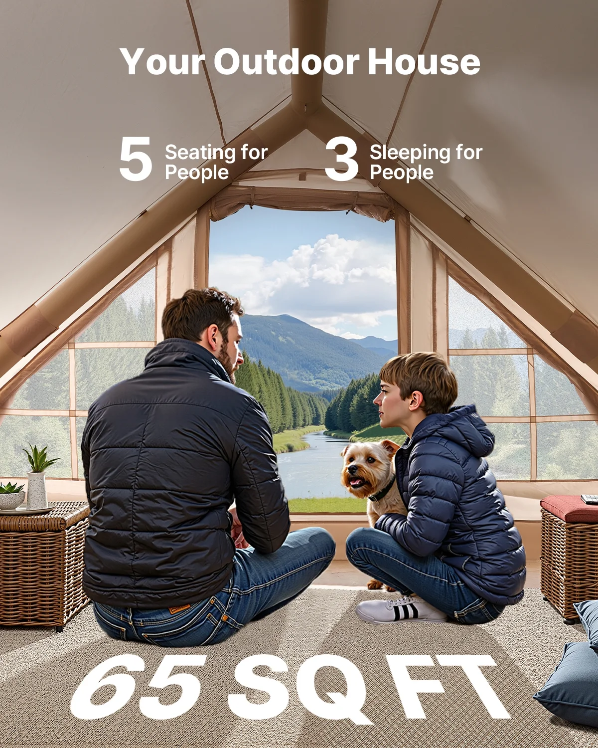 VEVOR Inflatable Tents for Camping,3-5 Person Easy Setup Blow up Tent with Hand Pump,300D Oxford 4 Season Glamping Tent with Stove Jack 2 Doors & 2 Mesh Windows,Storage Bag Included for Easy Taking