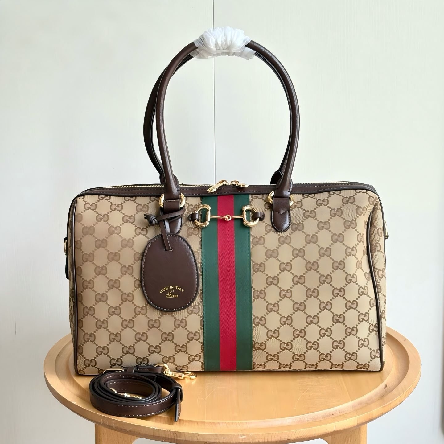 Gucci Borsetto Medium Boston Bag in Sand and Brown GG Canvas