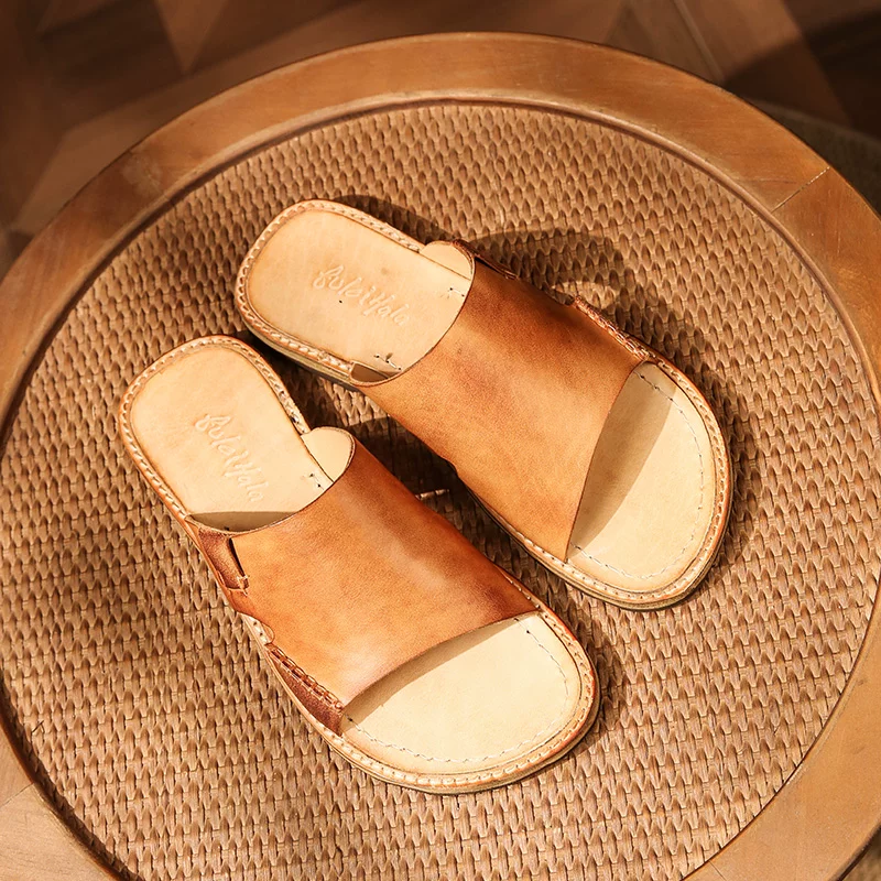 Men's hand-washed tire cowhide one-word slippers