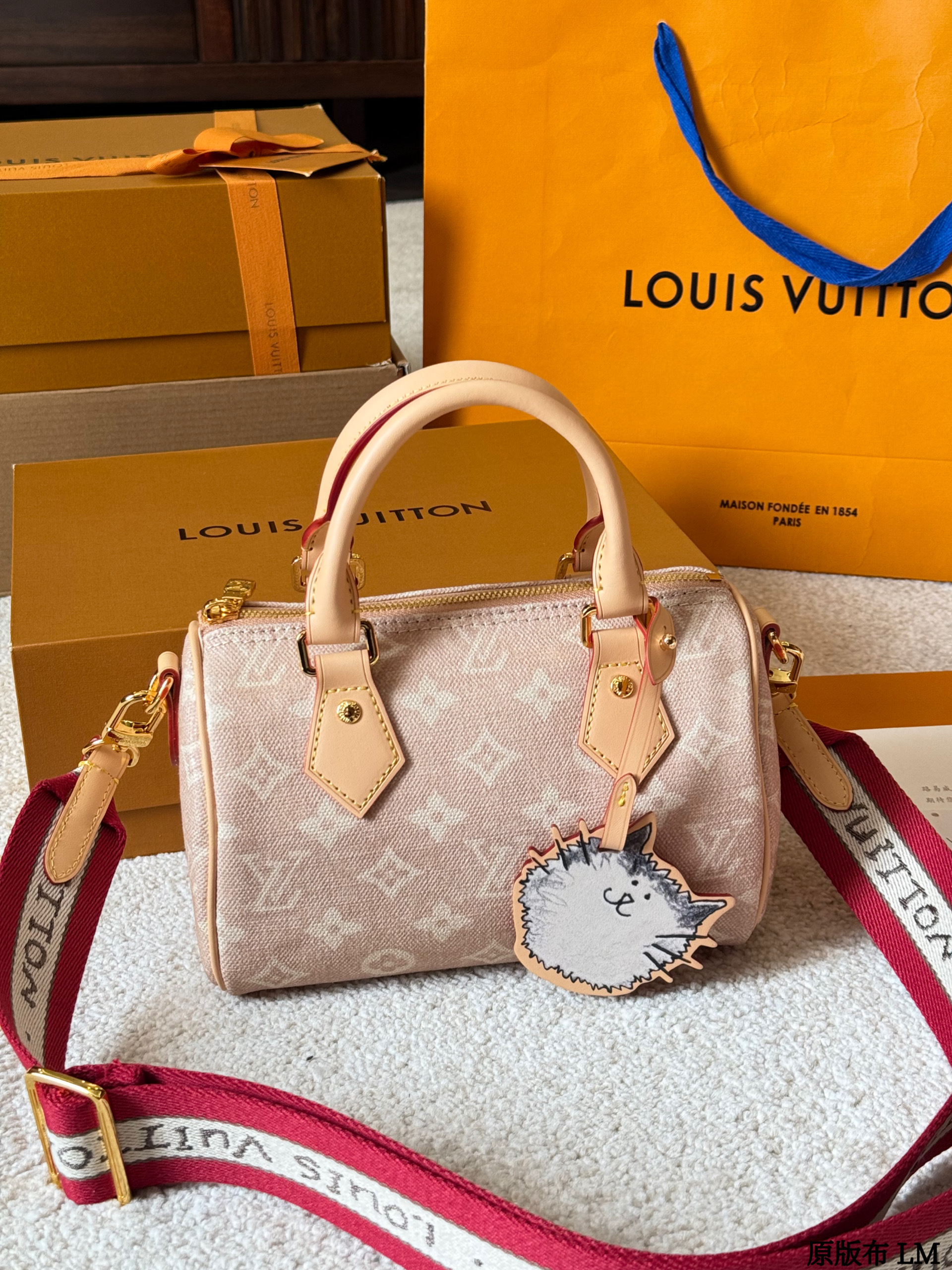 LV Speedy 20 Catogram Monogram Emblème Jacquard Canvas Cat Charm Boston Top Handle Bag
