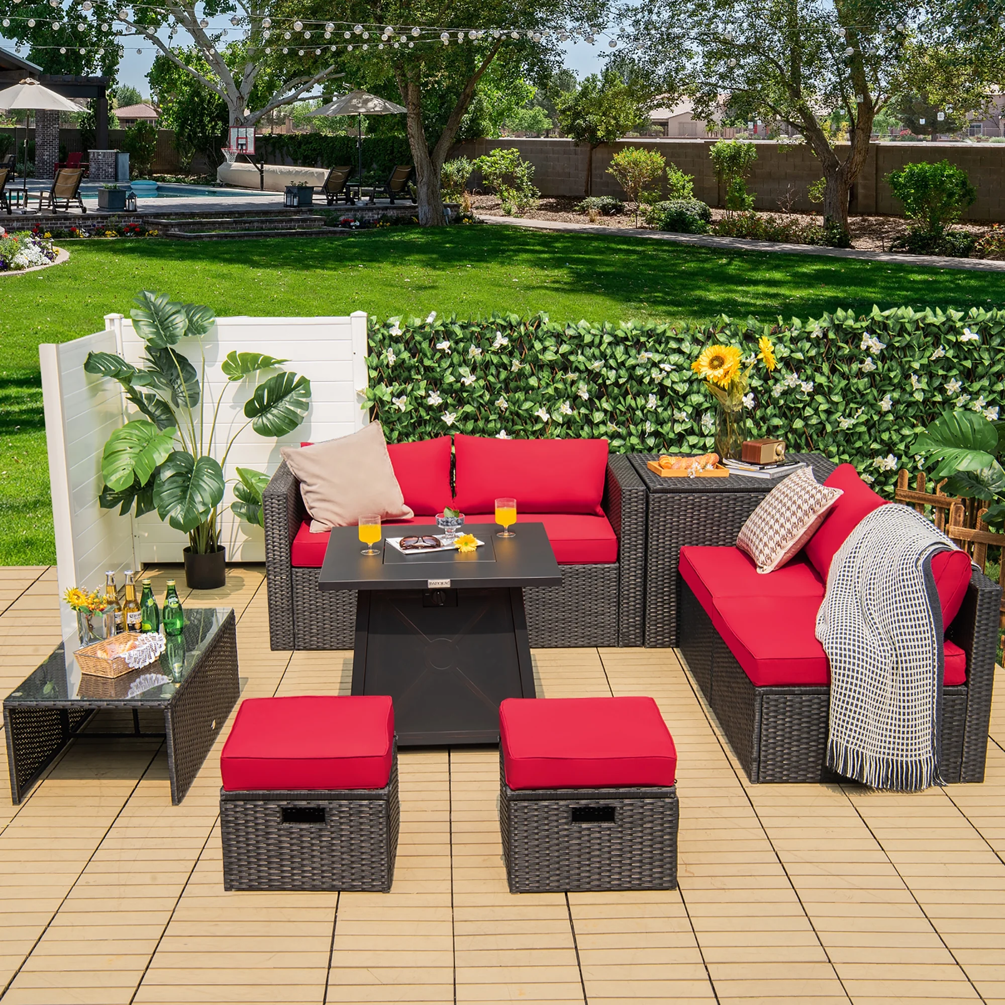 Costway 9PCS Patio Rattan Furniture Set Fire Pit Space-saving W/Cover Red Cushion cover