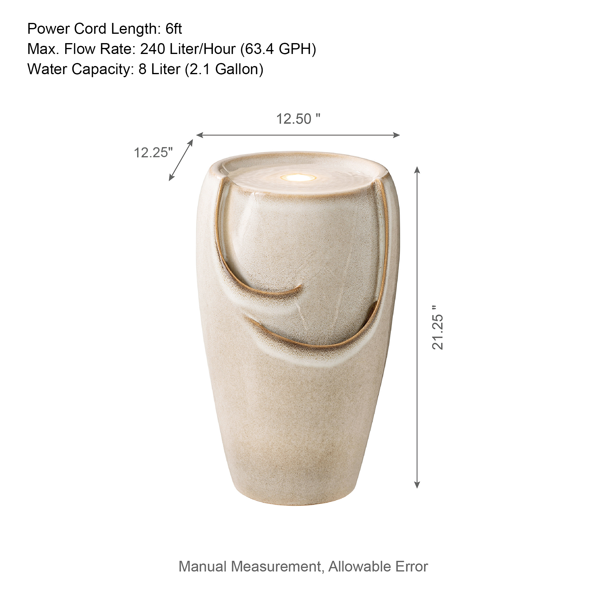 Glitzhome 21.25 Inch Tall Ceramic Vase Fountain Ceramic with Pump and LED Light Outdoor Fountain