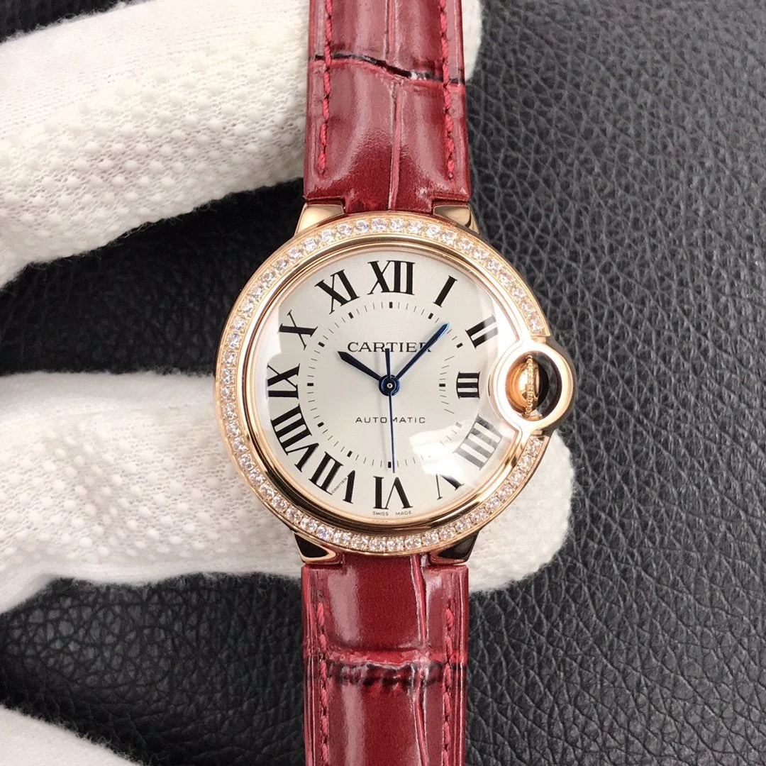 Cartier Watch BALLON BLEU 33MM ROSE GOLD CASE DIAMOND BEZEL RED LEATHER