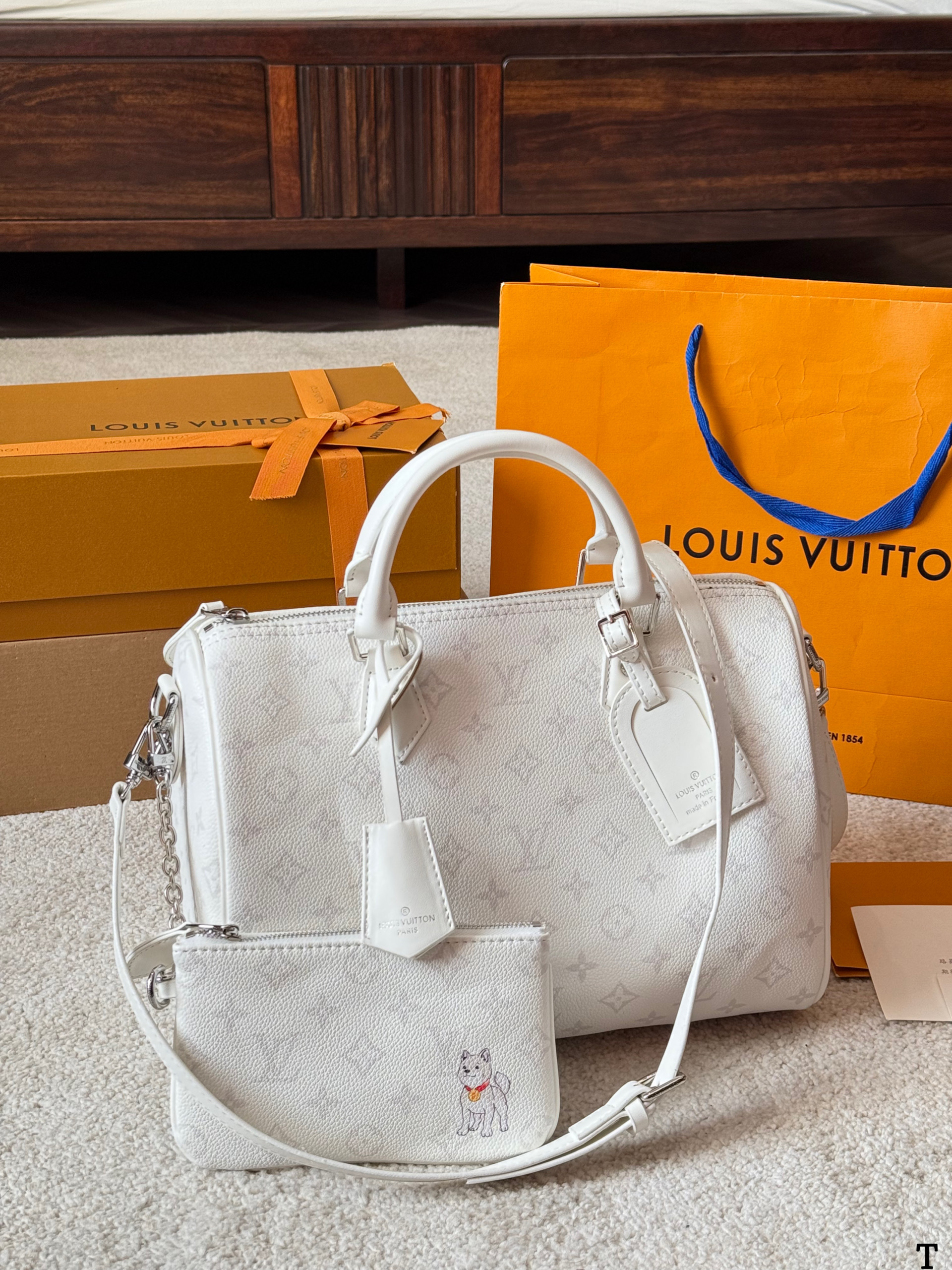 LV Speedy 30 P9 White Monogram Leather Dog Embroidery Pouch Boston Top Handle Bag