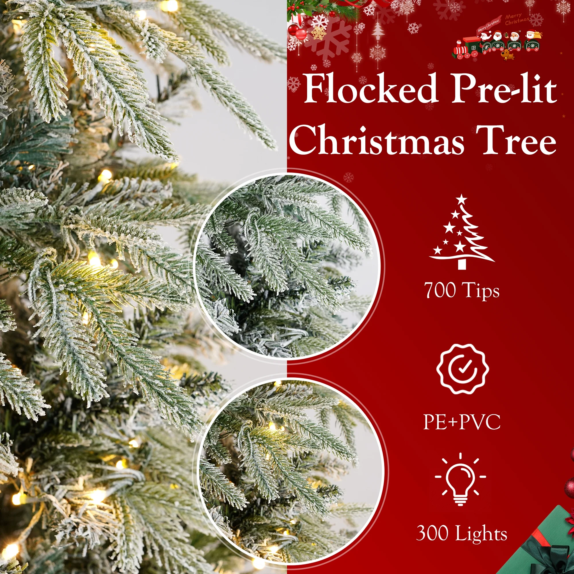 Qunler 7ft Pre-lit Snow Flocked Artificial Christmas Tree with 300 Warm Lights 8 Modes, 700 PE+PVC Snowy Branches, White