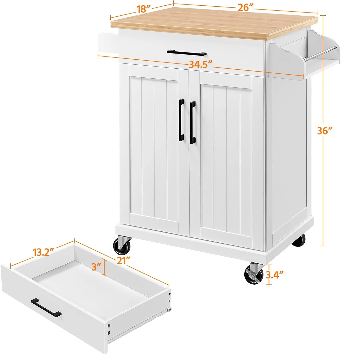 Kitchen Cart with Drawer, Kitchen Island on Wheels with Storage Rack & Cabinets, Microwave Cart for Kitchen with Storage, Rolling Coffee Cart Station, White