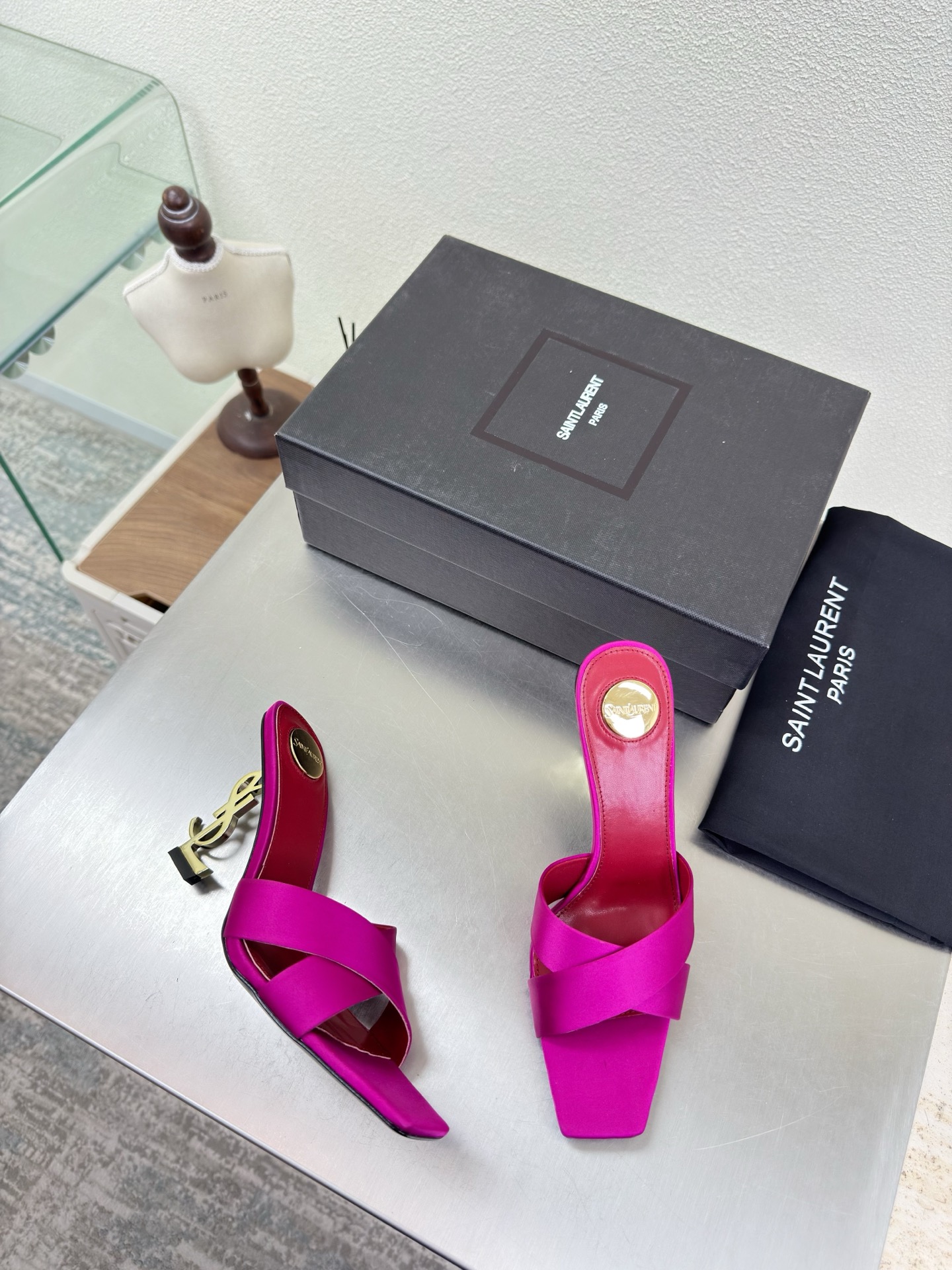 YSL Opyum 105 YSL Logo Satin Square Toe Crisscross Cassandre Heel Mule Sandals