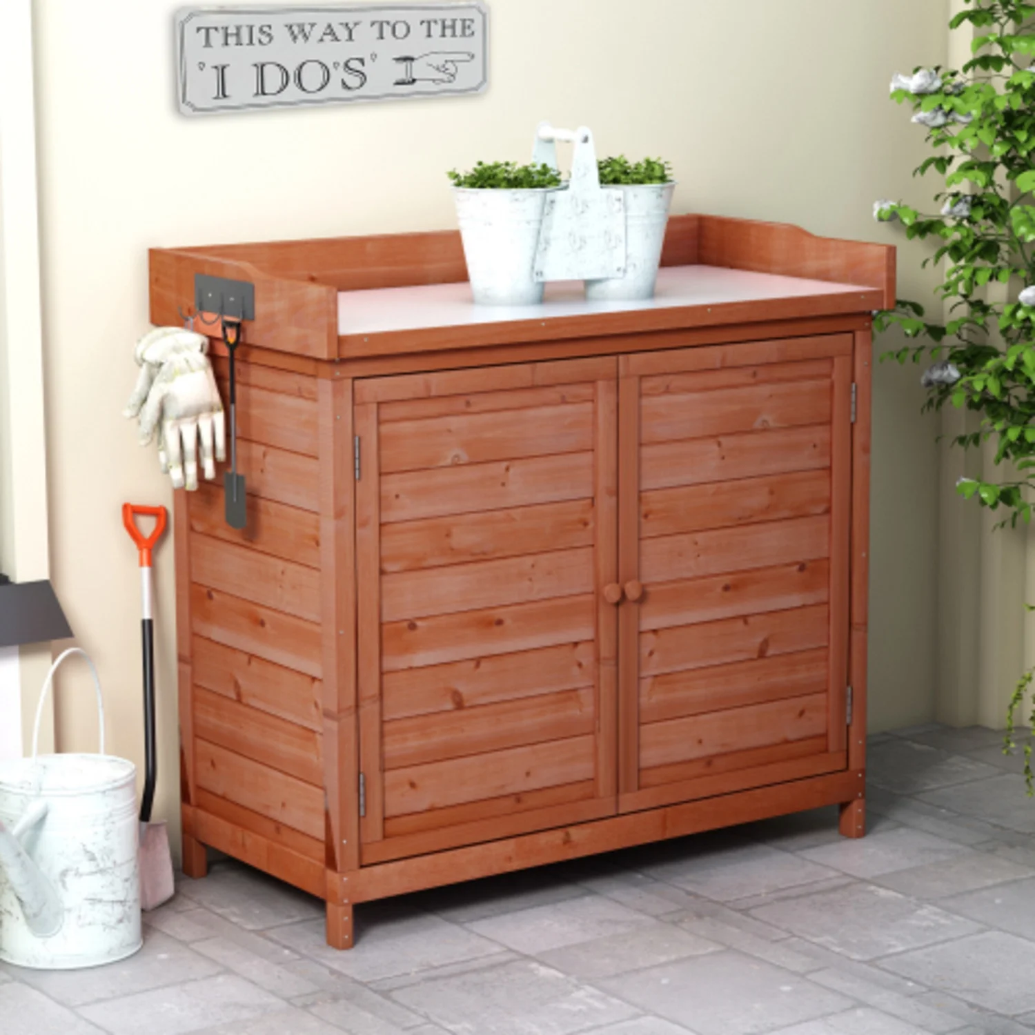 DIANJIE Outdoor 39" Potting Bench Table Rustic Wood Workstation Storage Cabinet Garden Shed with 2-Tier Shees and Side Hook