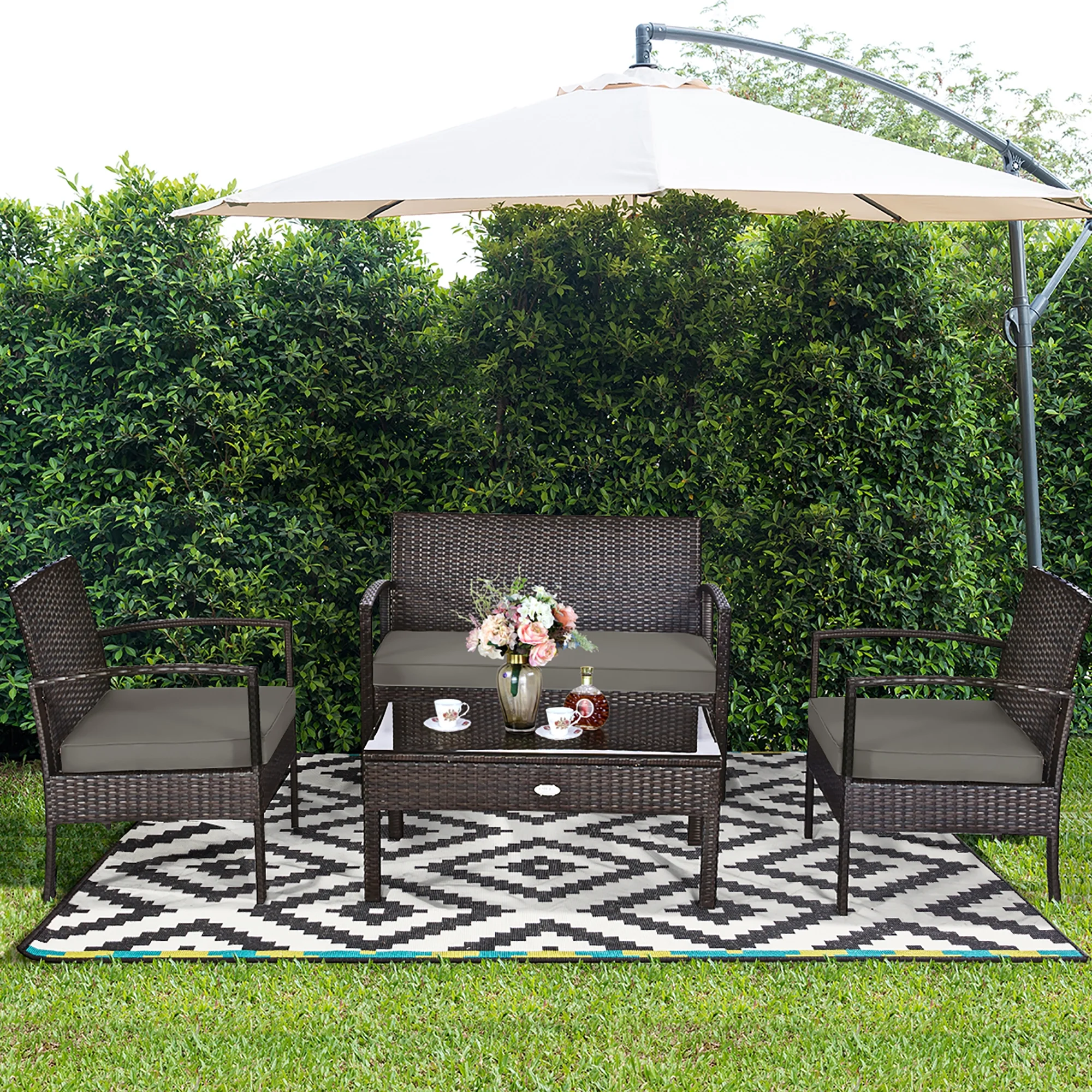Costway 4PCS Patio Rattan Wicker Furniture Set Loveseat Sofa Cushioned Garden Yard Brown