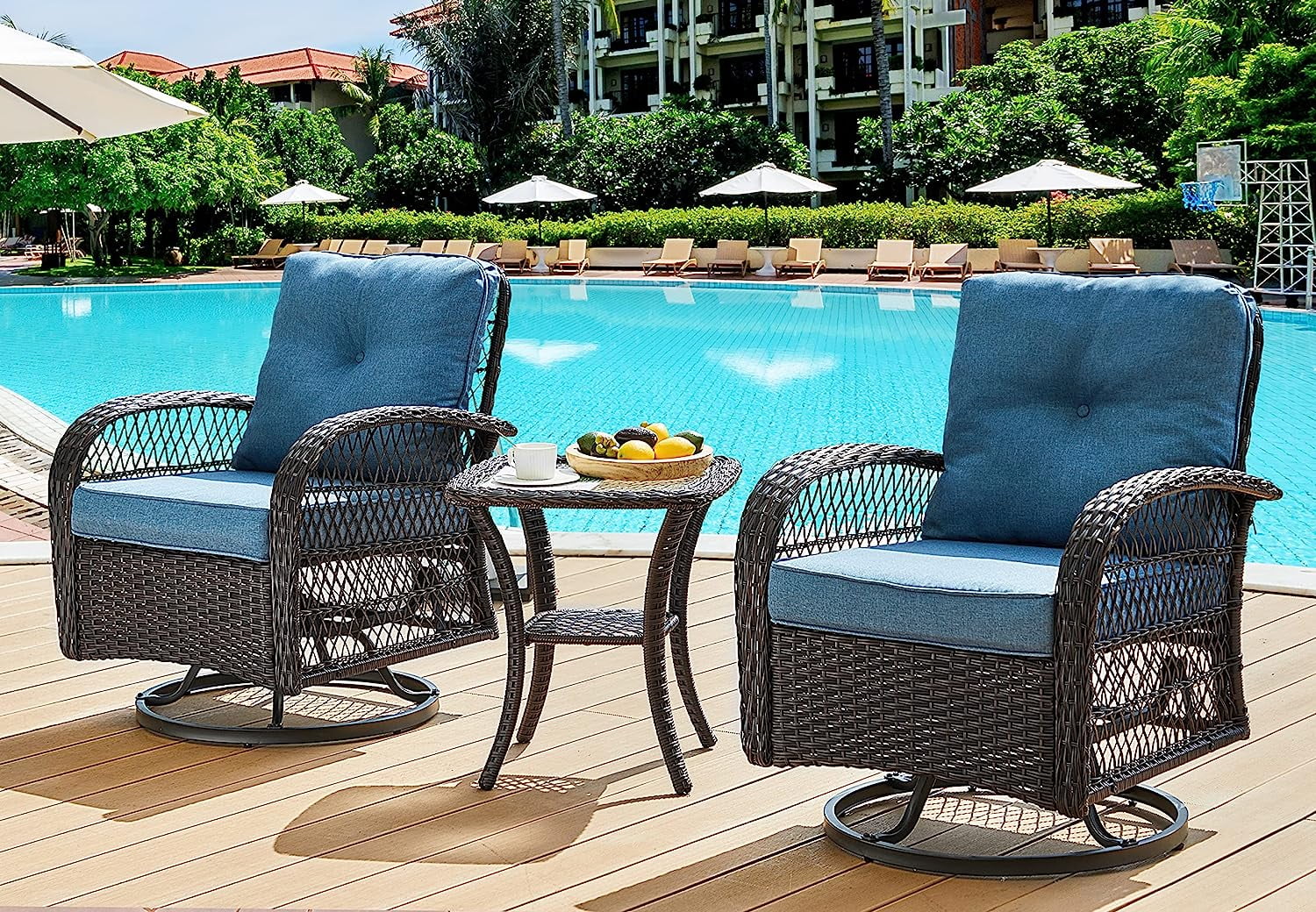 Techmilly 3 Pieces Patio Furniture Set, Outdoor Swivel Gliders Rocker, Wicker Patio Bistro Set with Rattan Rocking Chair for Porch Deck Backya (Navy Blue)
