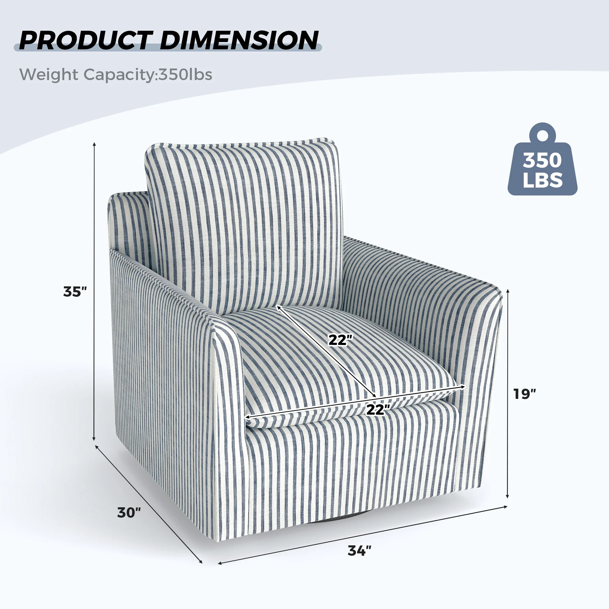 Bonzy Home 360 Swivel Chair with Thick Cushion C Blue Stripe Fabric Accent Chair for Living Room, Bedroom, Office C Fully Assembled