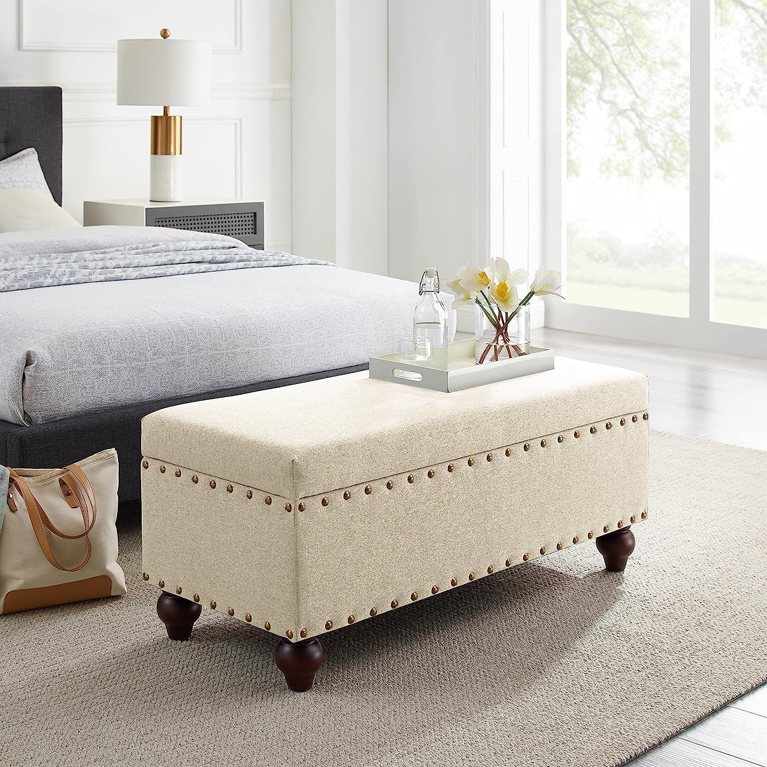 Hbaid 40.95" Storage Ottoman Bench Linen Fabric Storage Bench End of Bed Stool with Wood Legs for Living Room, Bedroom, Entryway, Dining Room, Beige