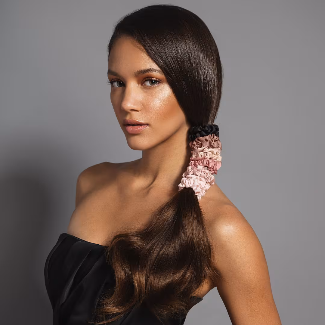 The Hair Edit  Ruched Ribbons Skinny Satin Scrunchies Set