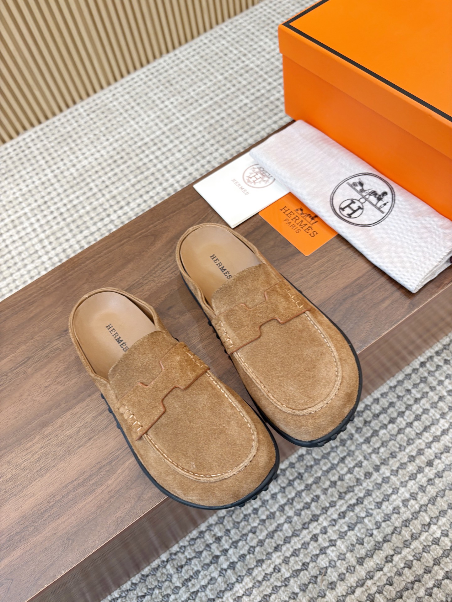 Hermès Brun Fumé H Cut-Out Suede Leather Go Loafer Mules
