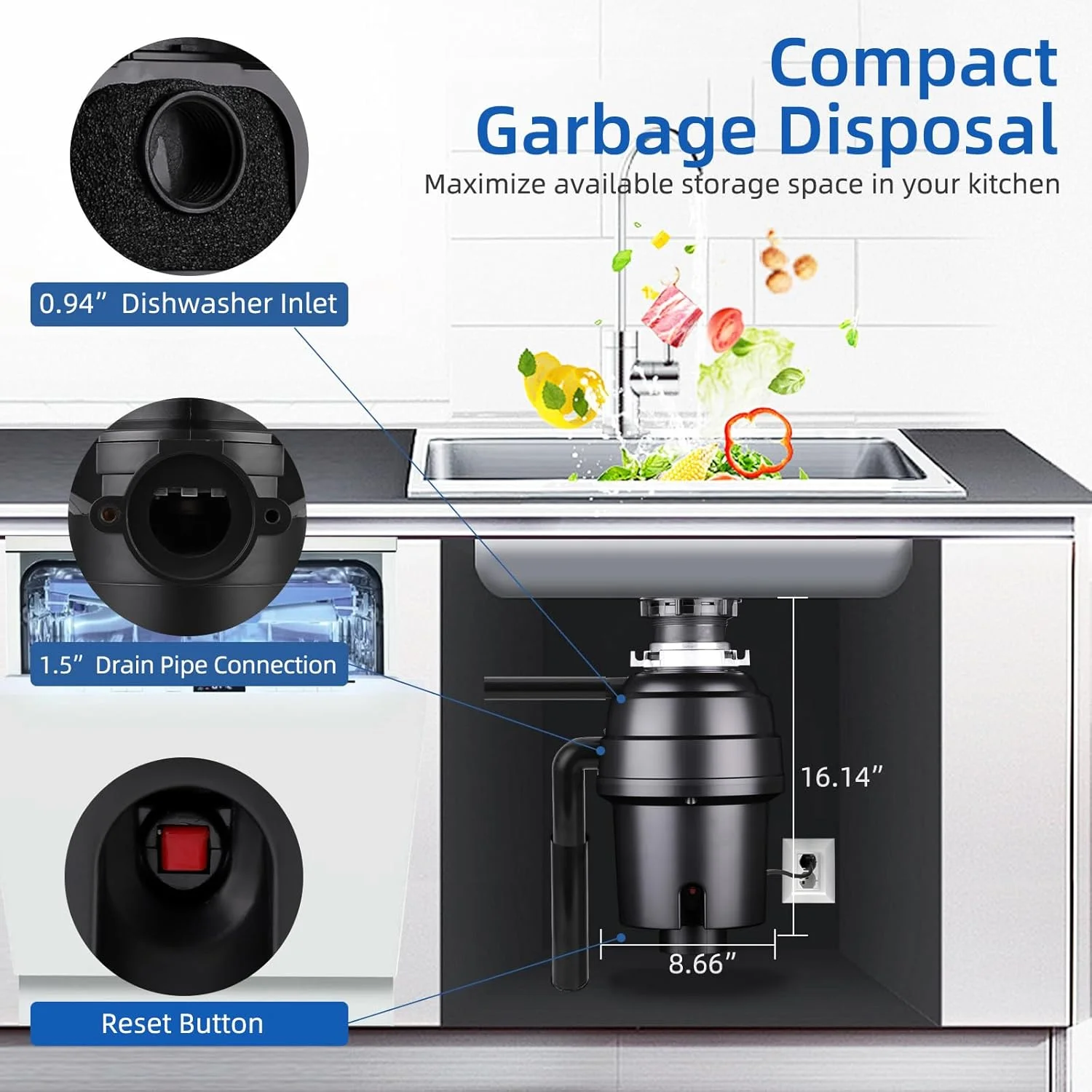 COZONY 3/4 HP Economy Garbage Disposal for Kitchen Sink, Continuous Feed Garbage Disposal with Dishwasher Connection, Stainless Steel 4 Stage Grinding, Splash Guard,Black