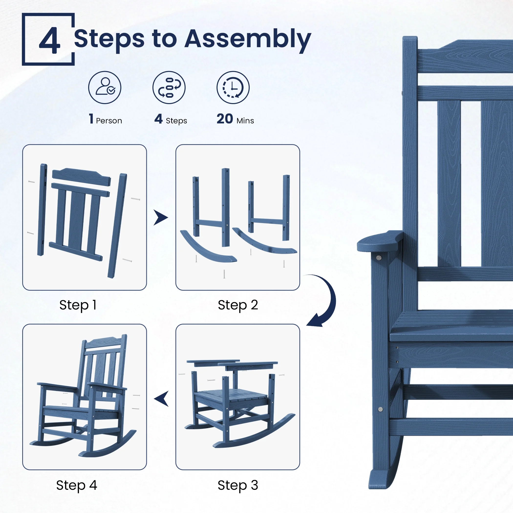 SERWALL Oversized Outdoor Rocking Chair, All Weather Patio Rocking Chair for Adult, Blue