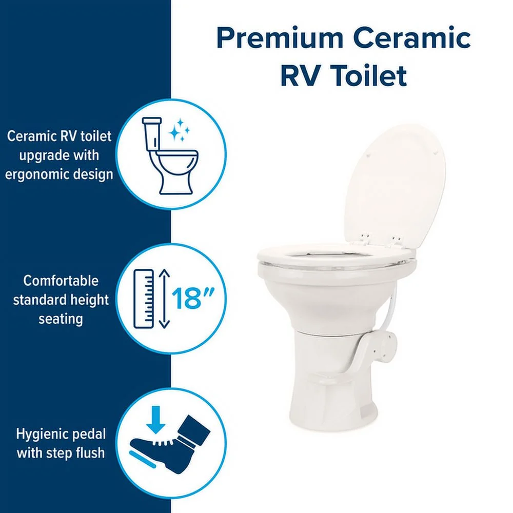 Camco Premium Ceramic Camper/RV Toilet | Features Gravity Flush System with Convenient Foot Pedal | Full-Sized Ergonomic Design with 18" Chair Height | Soft-Close Wood Seat & Lid | Bone (41715)