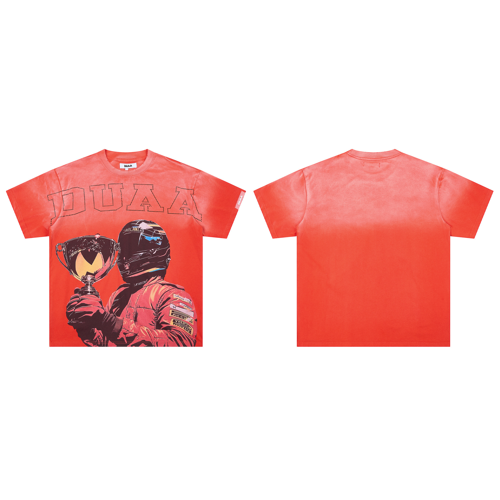 Red washed motorcycle hand trophy printed short-sleeved T-shirt