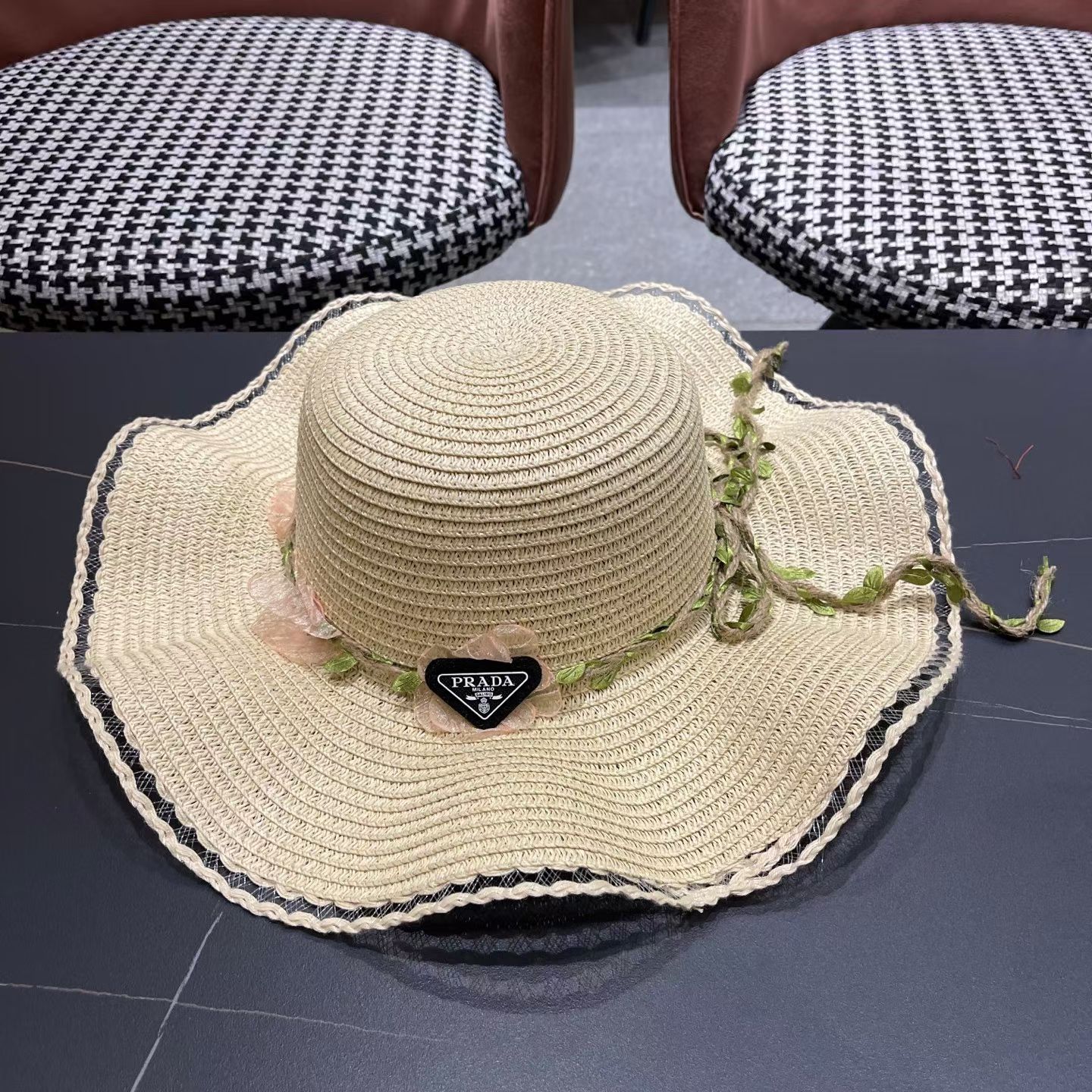 Prada Triangle Logo Wide Brim Hat Sun Hat