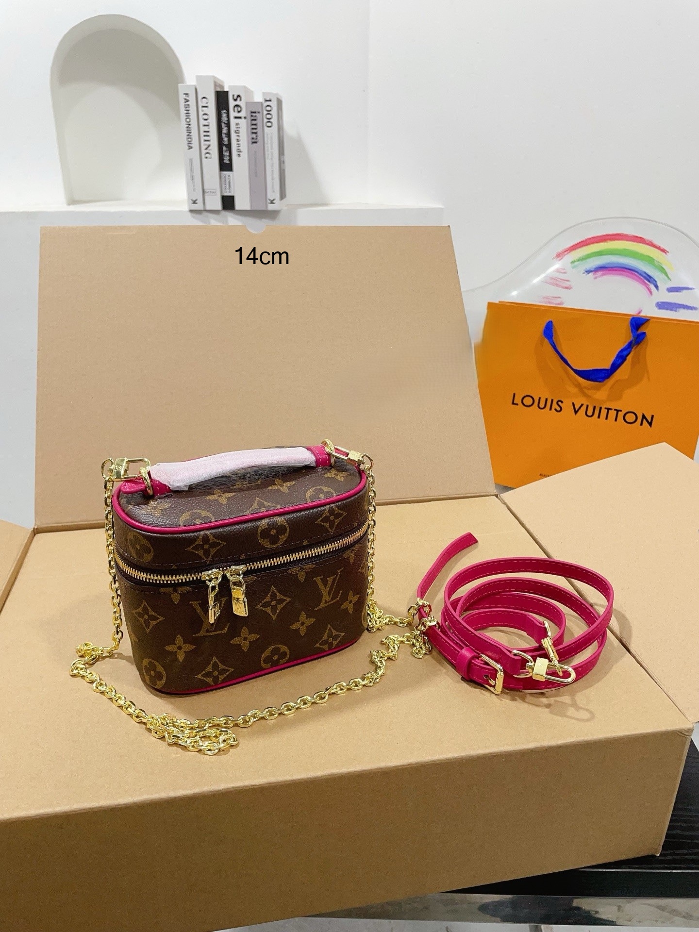 LV Fuchsia Pink Trim Nice Vanity Case Box Monogram Coated Canvas Shoulder Top Handle Bag