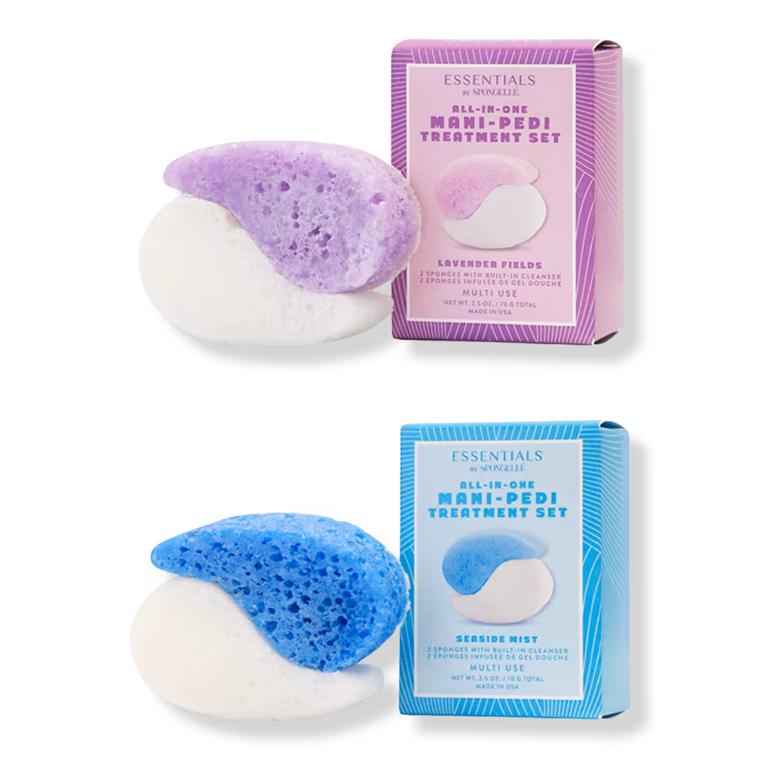 SPONGELLE  Essentials Mani Pedi Tranquil Set Lavender Fields & Seaside Mist Body Wash Infused Scrub