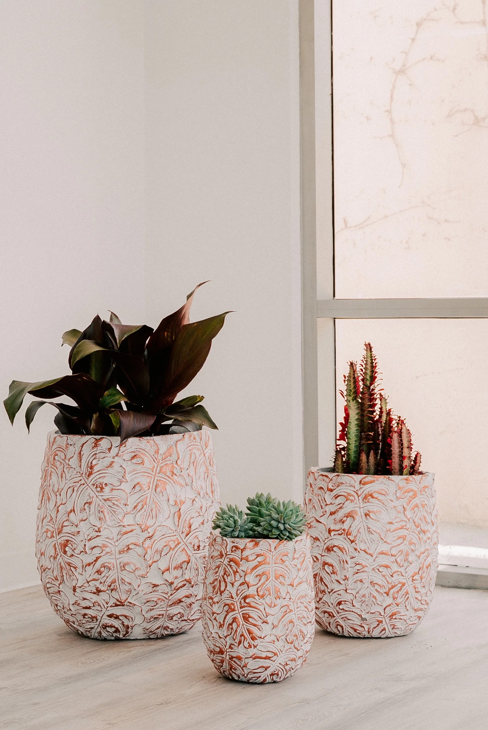 XBrand 19.3", 15.4" and 12.2"H Tall Beige and Golden Fiberstone/Cement Indoor Outdoor Planters (Set of 3), Modern Decorative Plant Pots with Drain Hole for All House Plants, Succulents & Flowers