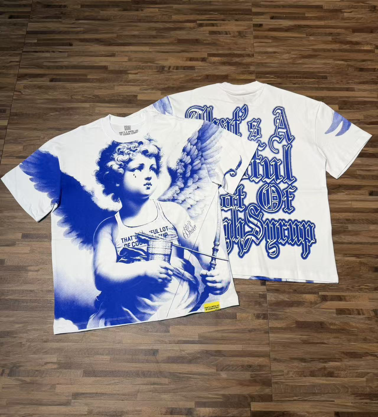 Blue Tear-shooting Little Angel Printed Short-sleeved Shirt