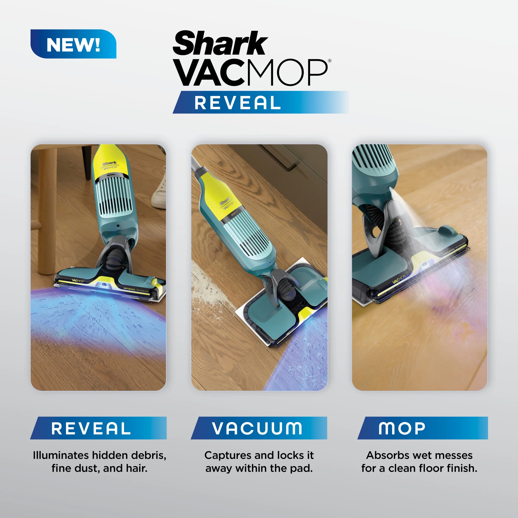 Shark VACMOP Reveal Cordless Hard Floor Cleaner, Vacuum and Spray Mop, 4 Disposable Pads, 12oz Pet Multi-surface Cleaning Solution, VM401