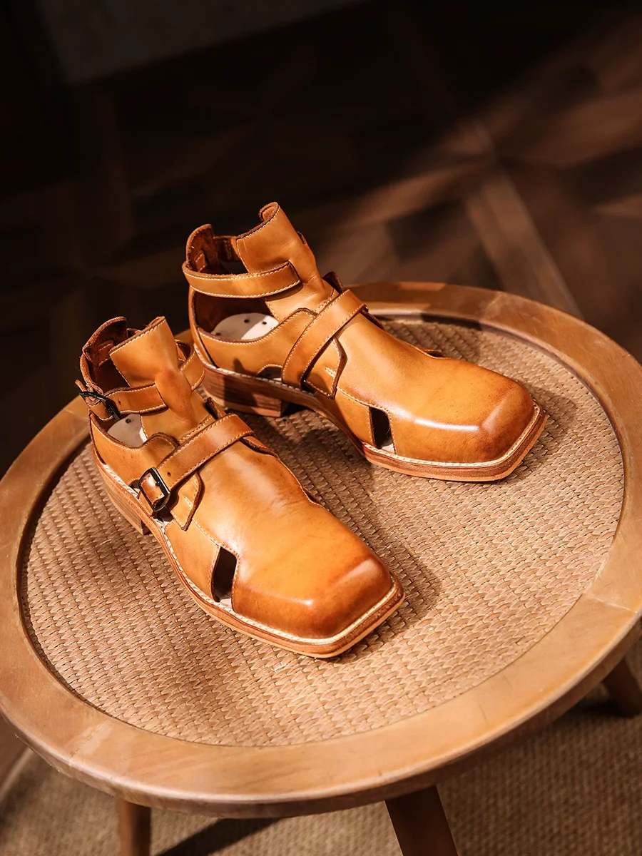Hand-washed tire cowhide high-top sandals