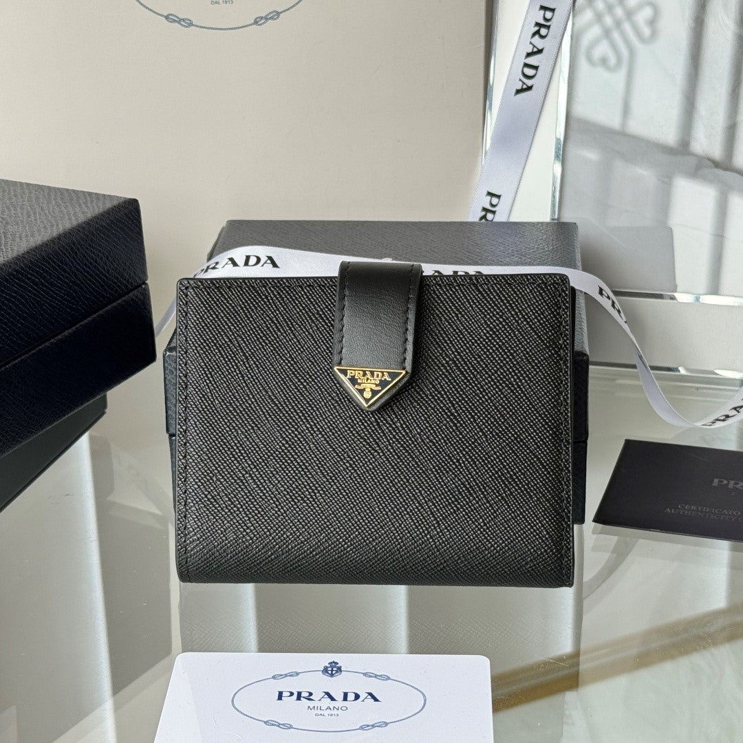 Prada 1MV204 Small Wallet Black Gold Tone Saffiano & Smooth Leather