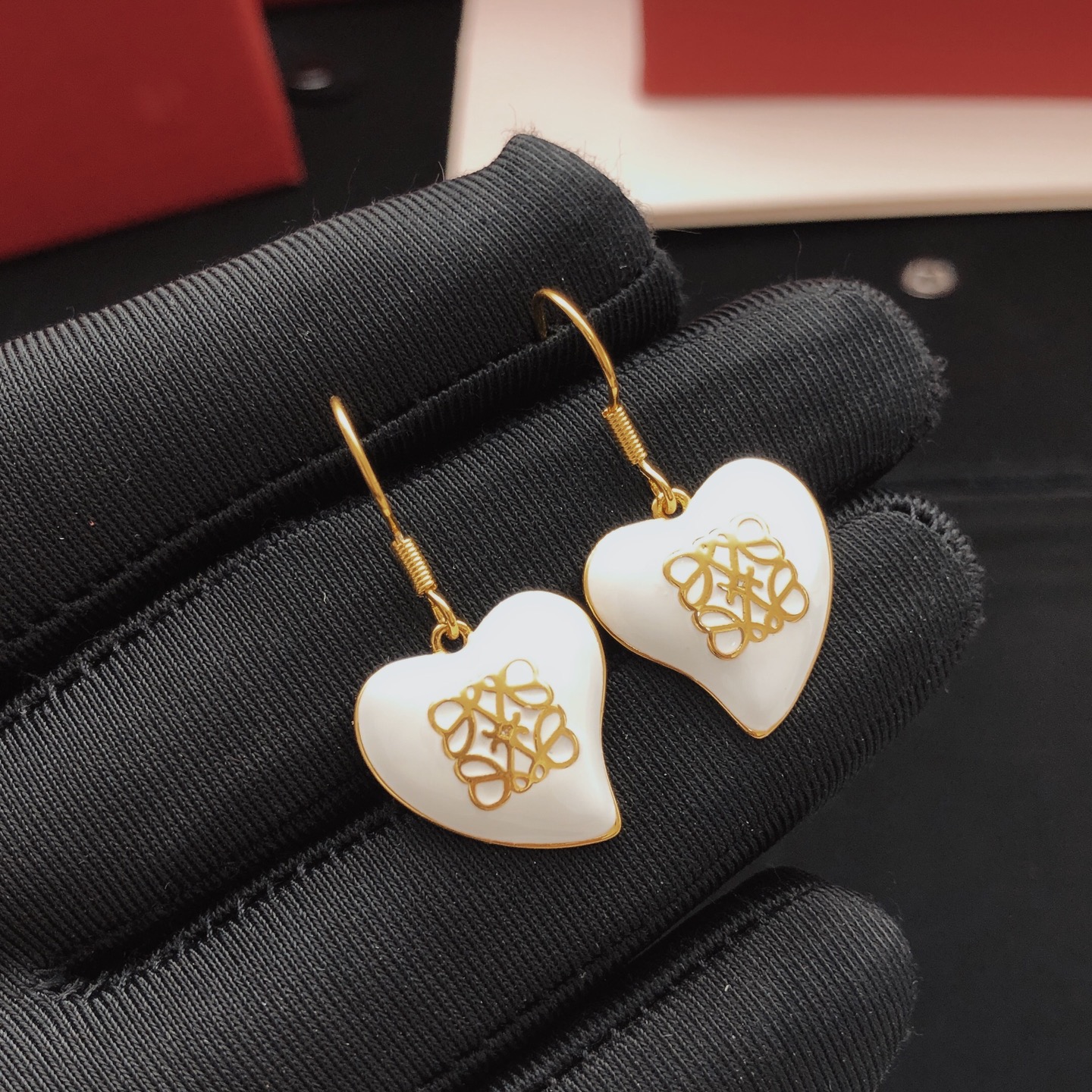 Loewe White Enamel Heart Pendants Earrings