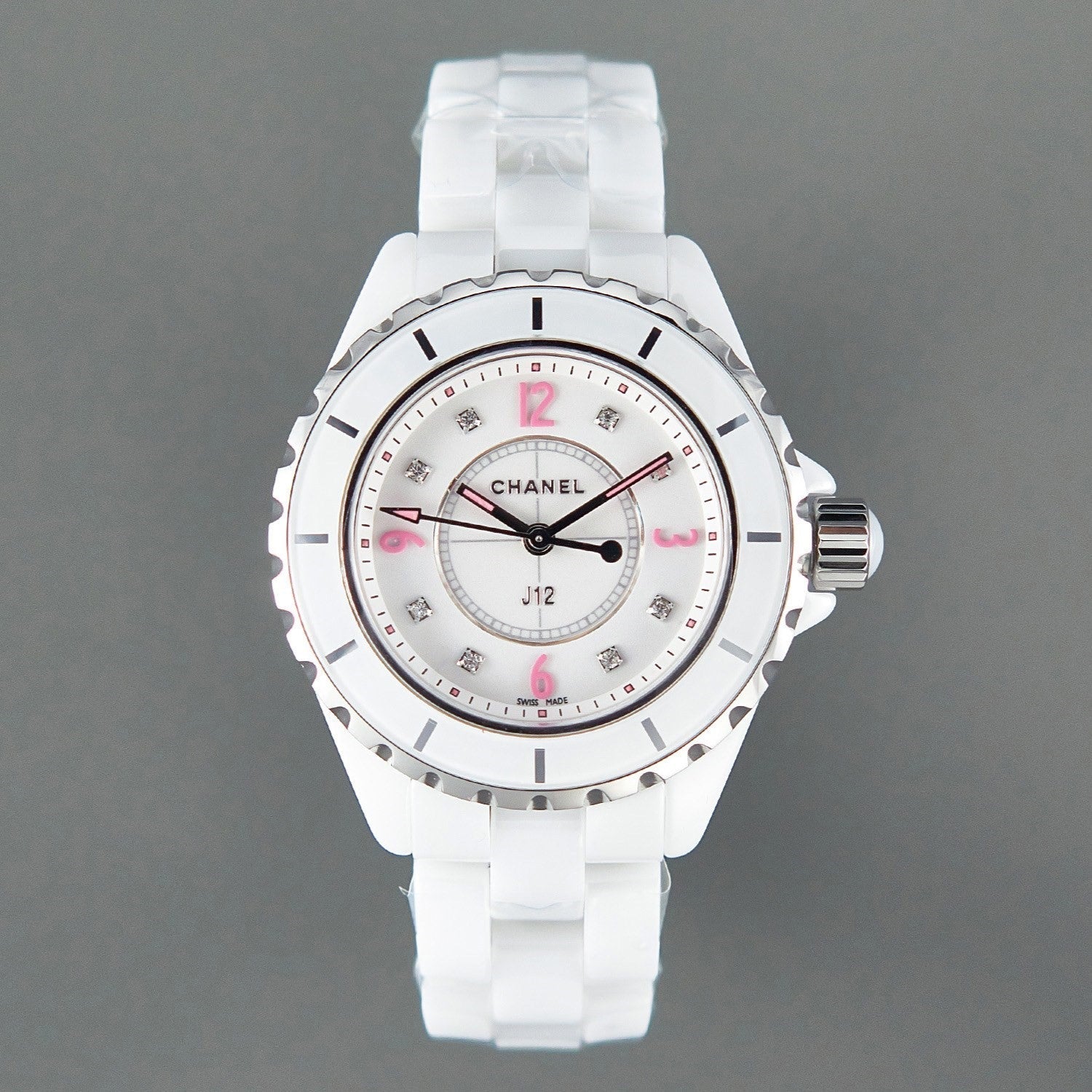 Chanel Watch J12 Quartz White Ceramic Pink Diamond Numerals White Dial
