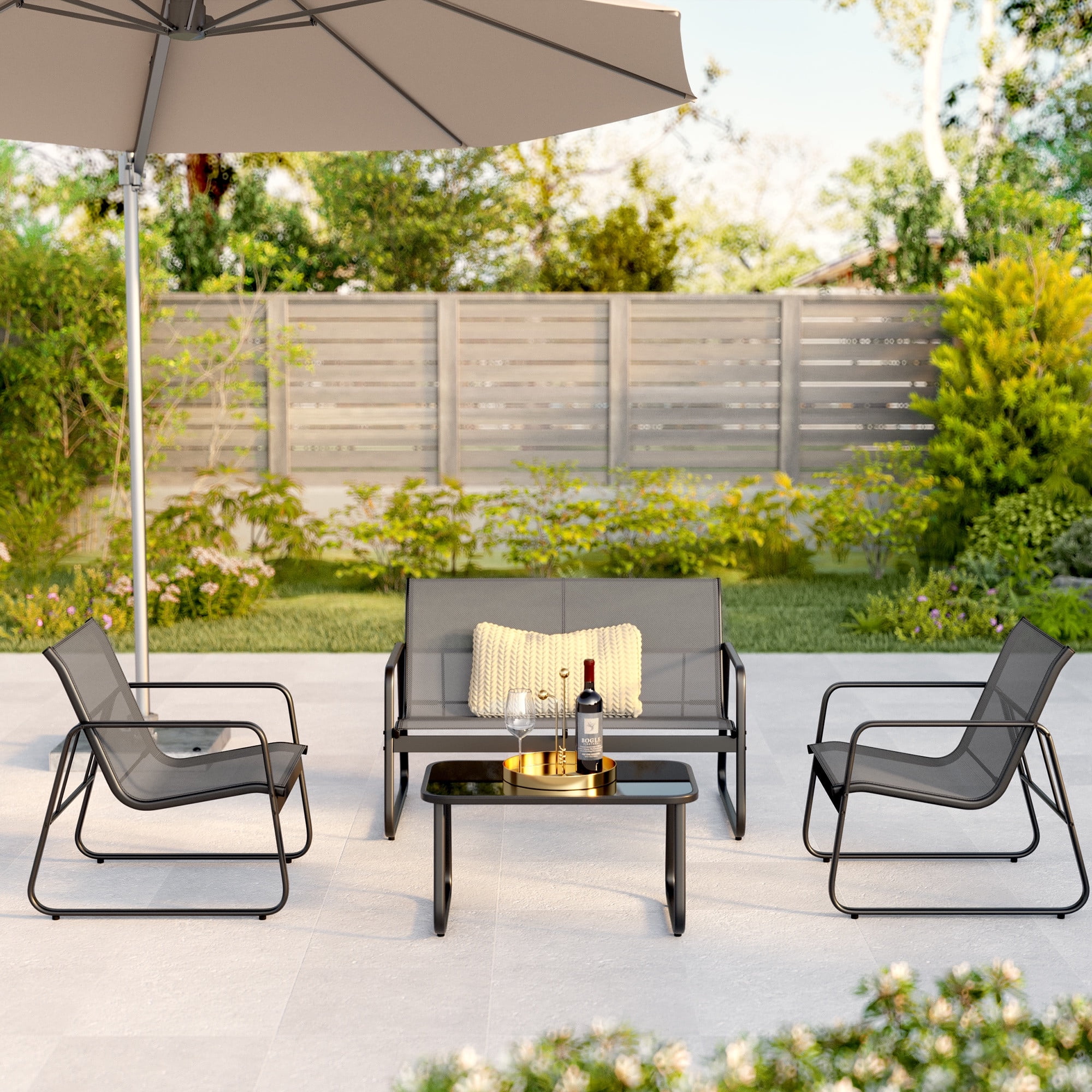 Jolifa 4 Pieces Outdoor Patio Furniture Set with 3 Chairs and 1 Metal Coffee Table for Backyard | Poolside | Porch, Gray