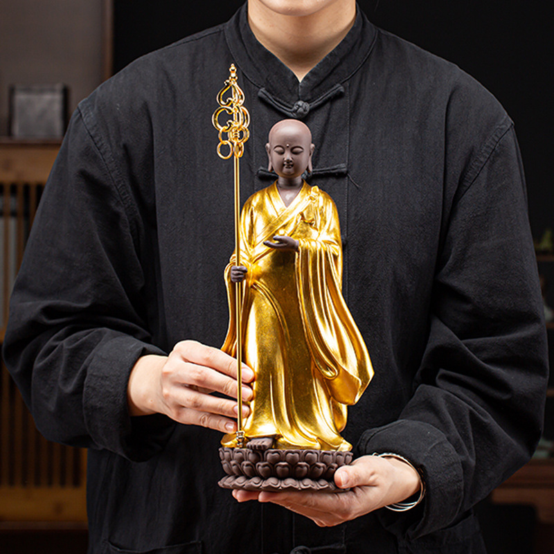 TIKTOK LIVE - Purple Clay Pottery Bodhisattva Statue Golden Robe Ornaments Zen Meaning in Home Decor Buddha Statue Sculpture
