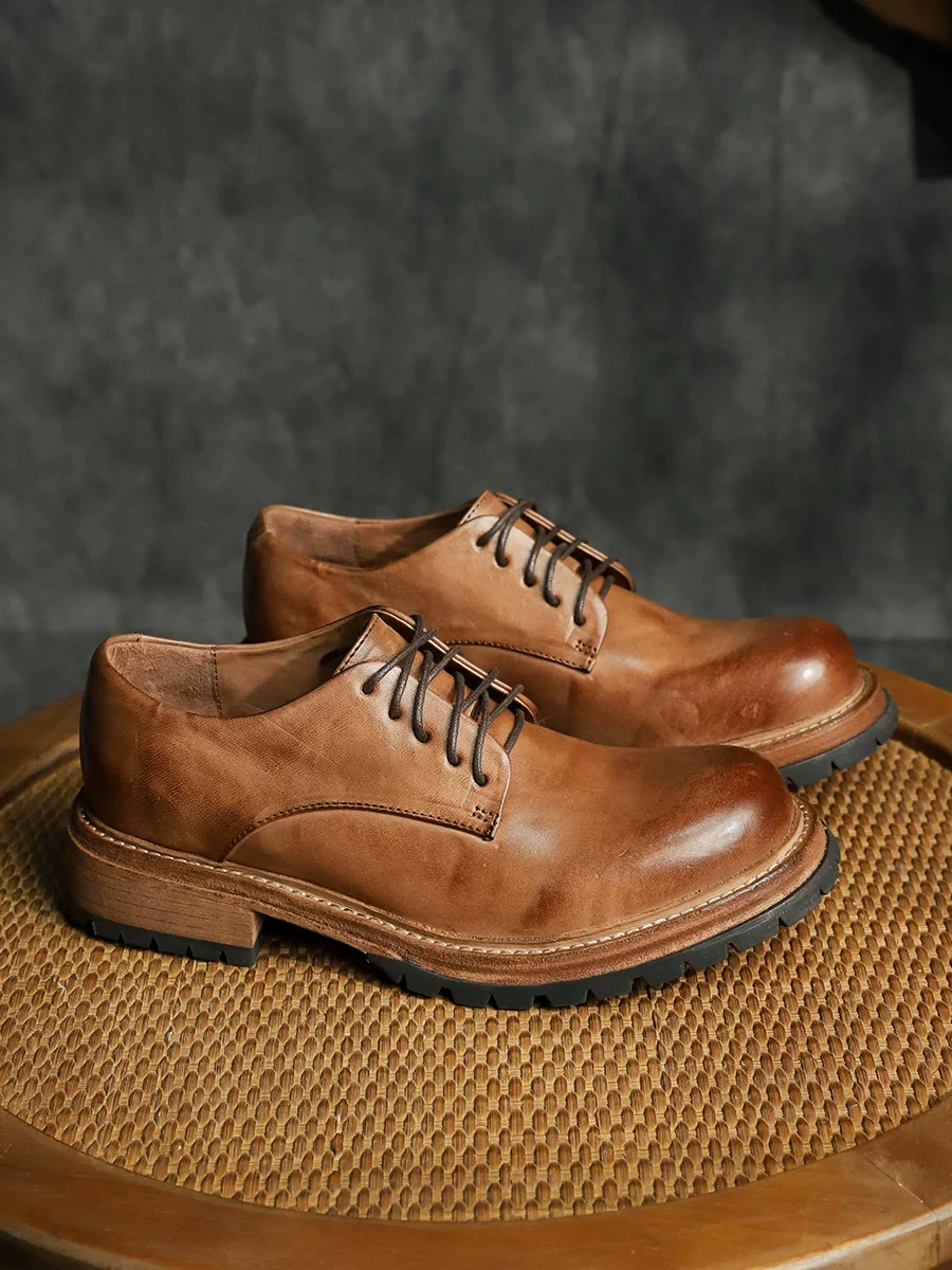 Horse skin washed casual platform leather shoes