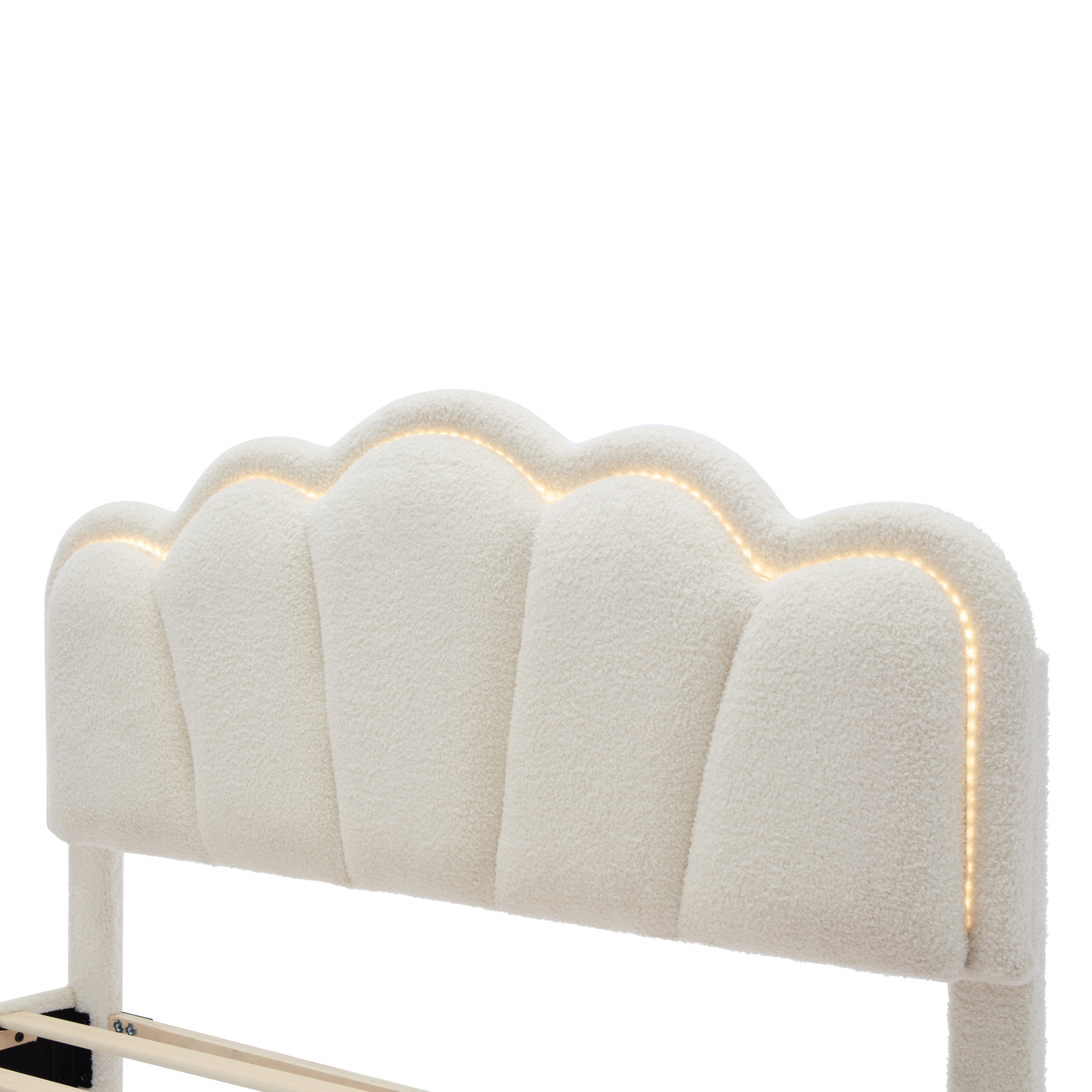 Euroco Upholstery Full Size Platform Bed with Flower-Shaped Headboard and LED Light for Kids Bedroom, Beige